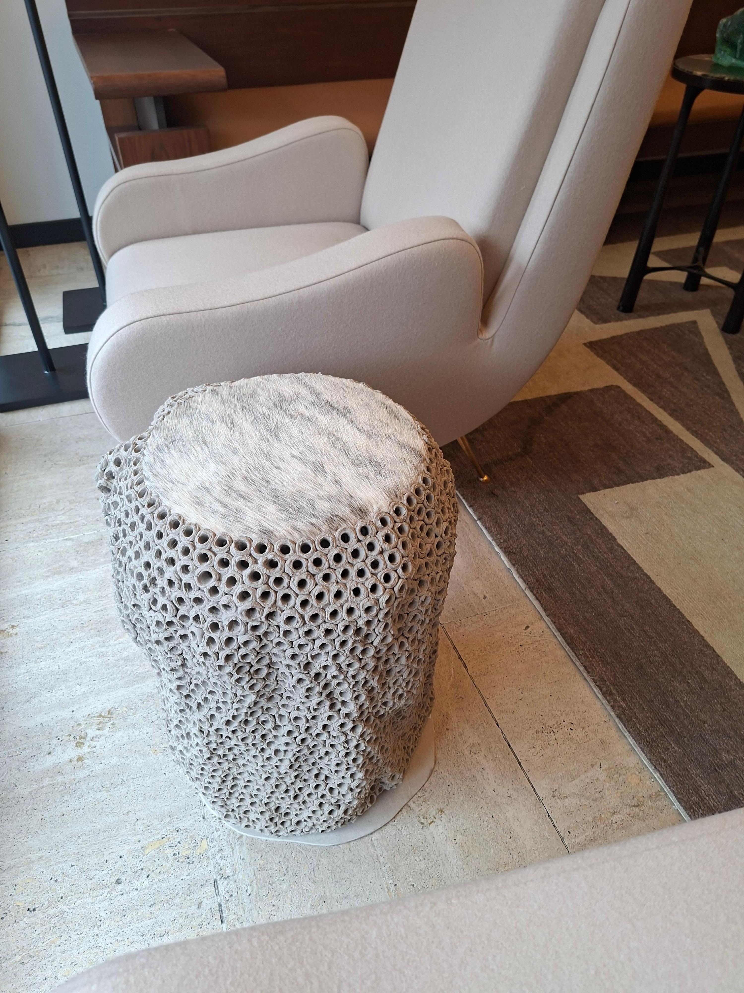 French Beige ceramic end table or stool by Gilles Caffier, limited edition n°23/30 For Sale
