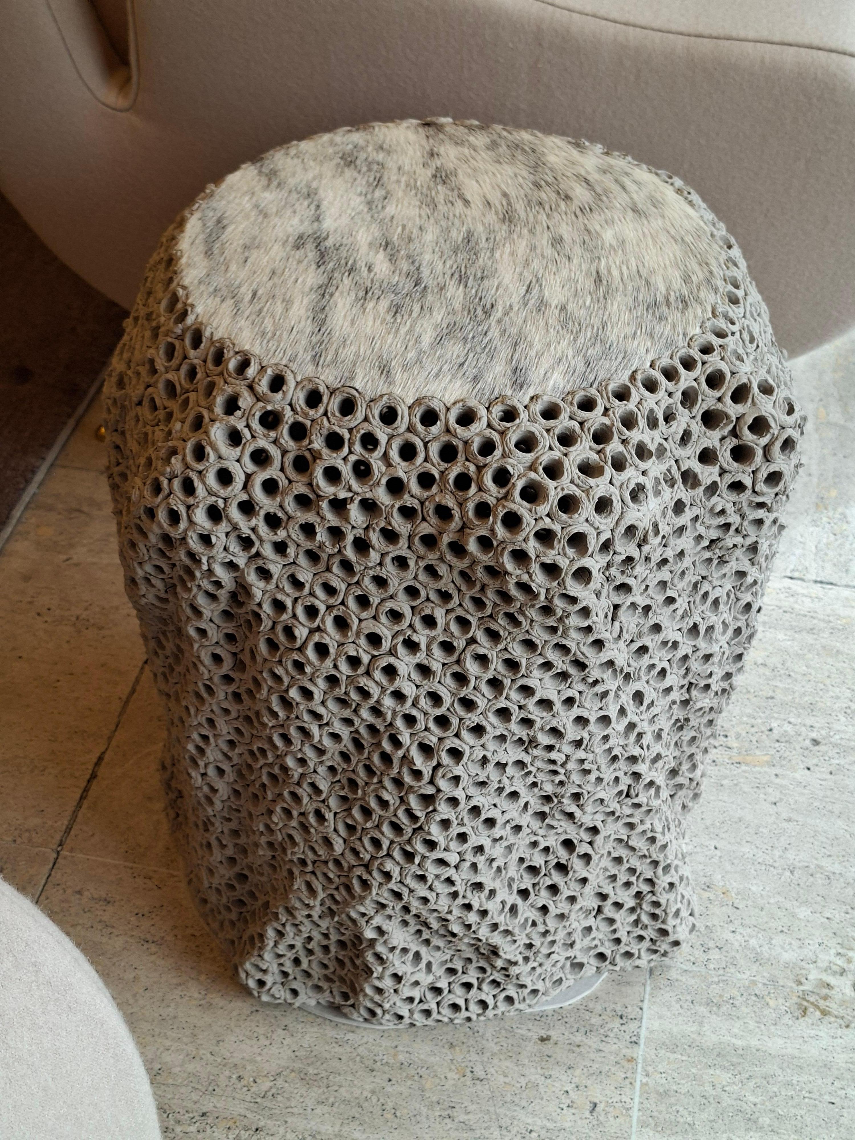 Beige ceramic end table or stool by Gilles Caffier, limited edition n°23/30 For Sale 2