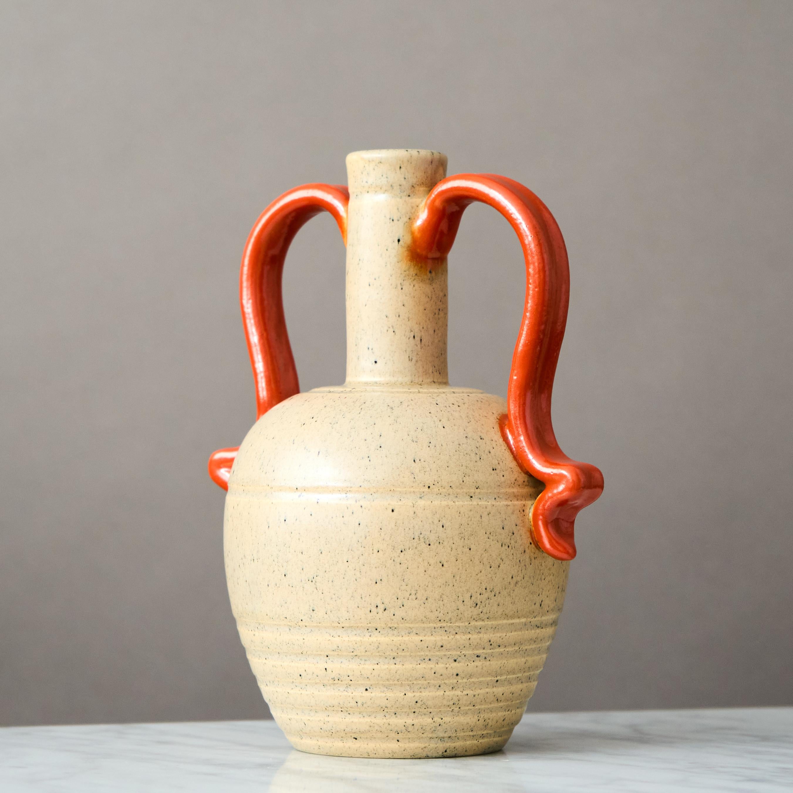 Swedish Beige Ceramic Vase by Eva Jancke Bjork for Bo Fajans, Sweden, 1940s For Sale
