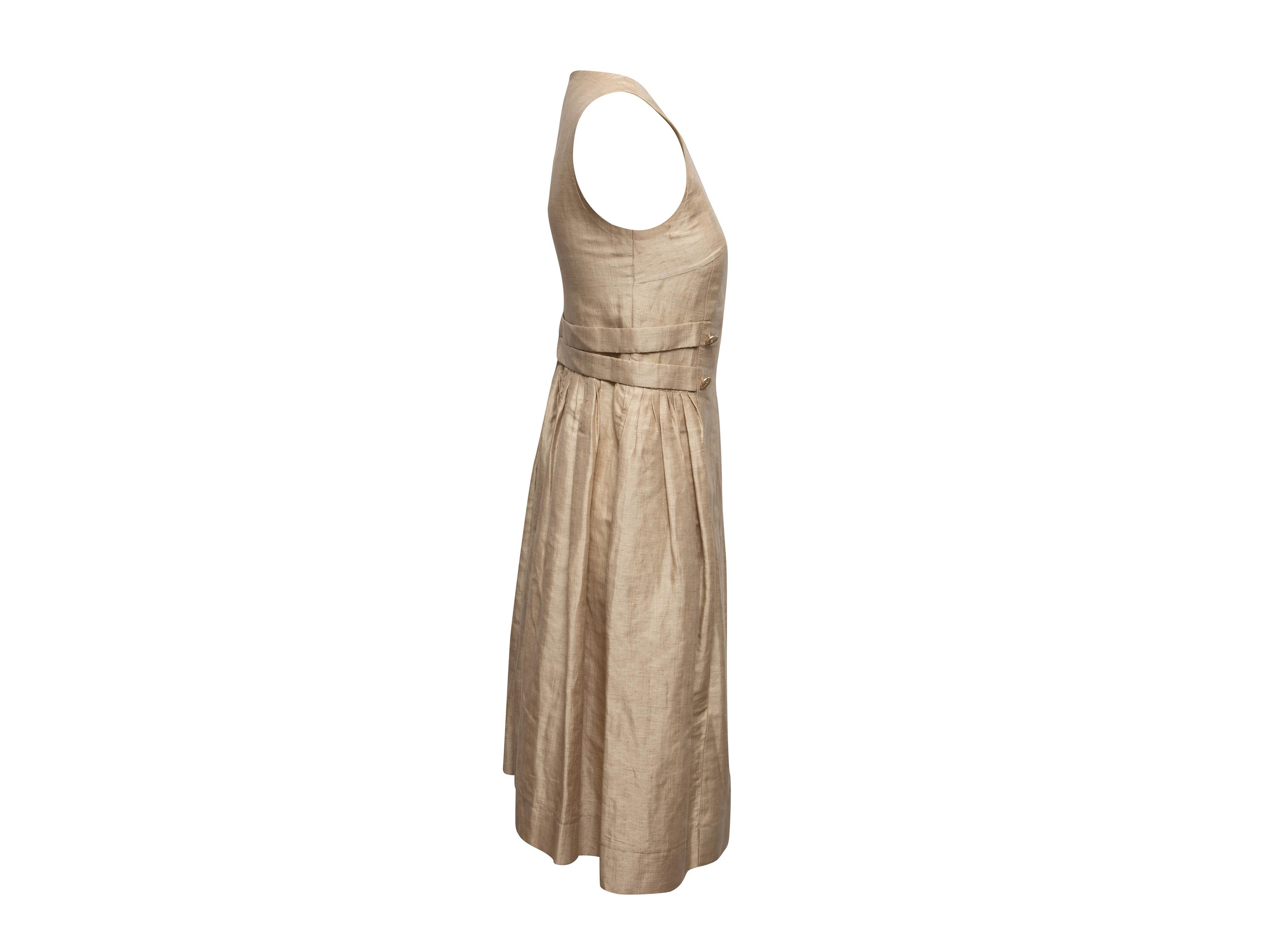  Beige linen sleeveless midi dress by Chanel. Crew neck. Gold-tone button accents at sides. Zip closure at center back. 32