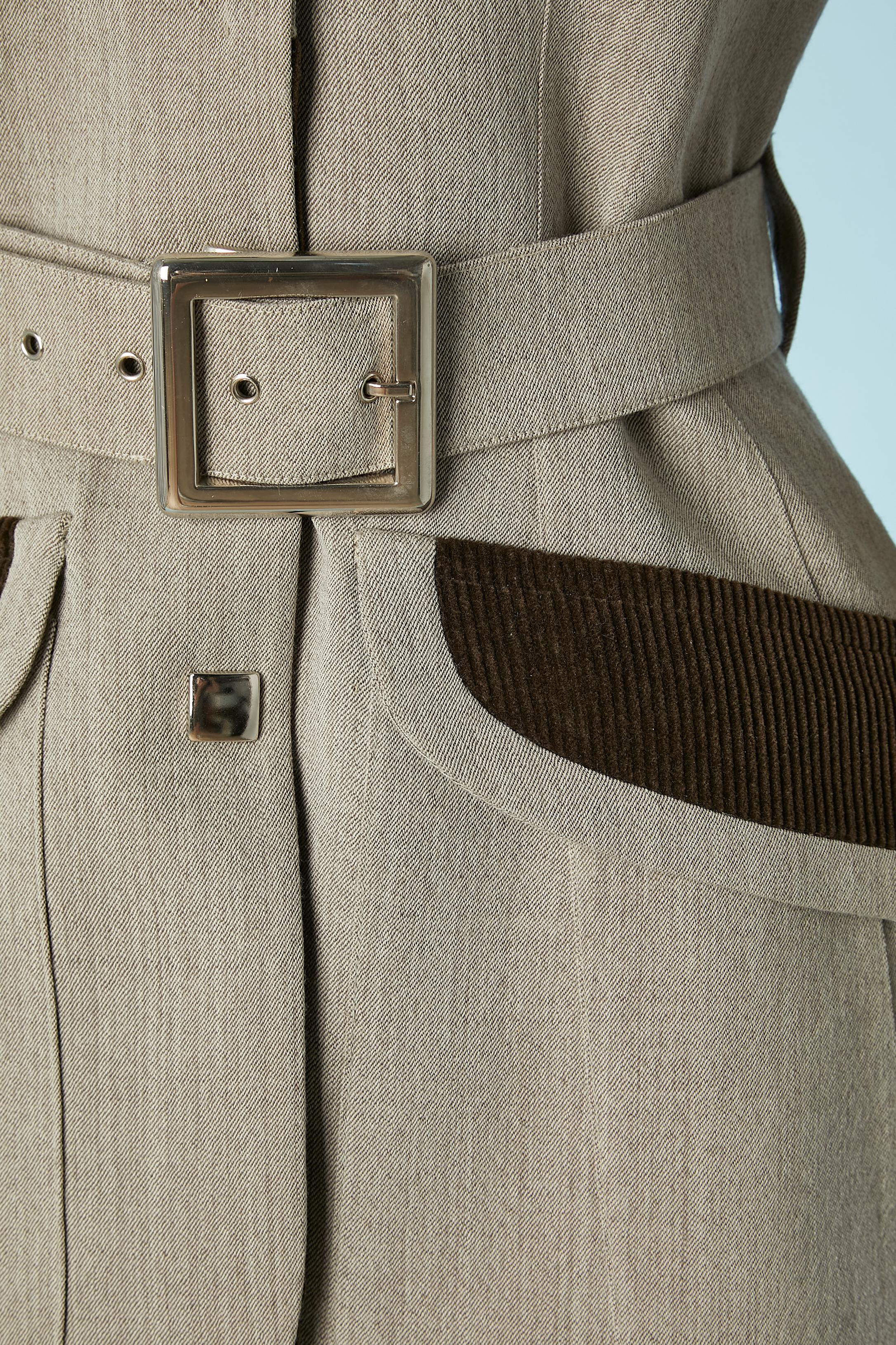 Beige chiné wool jacket with brown Corduroy details and belt  Mugler  In Excellent Condition In Saint-Ouen-Sur-Seine, FR