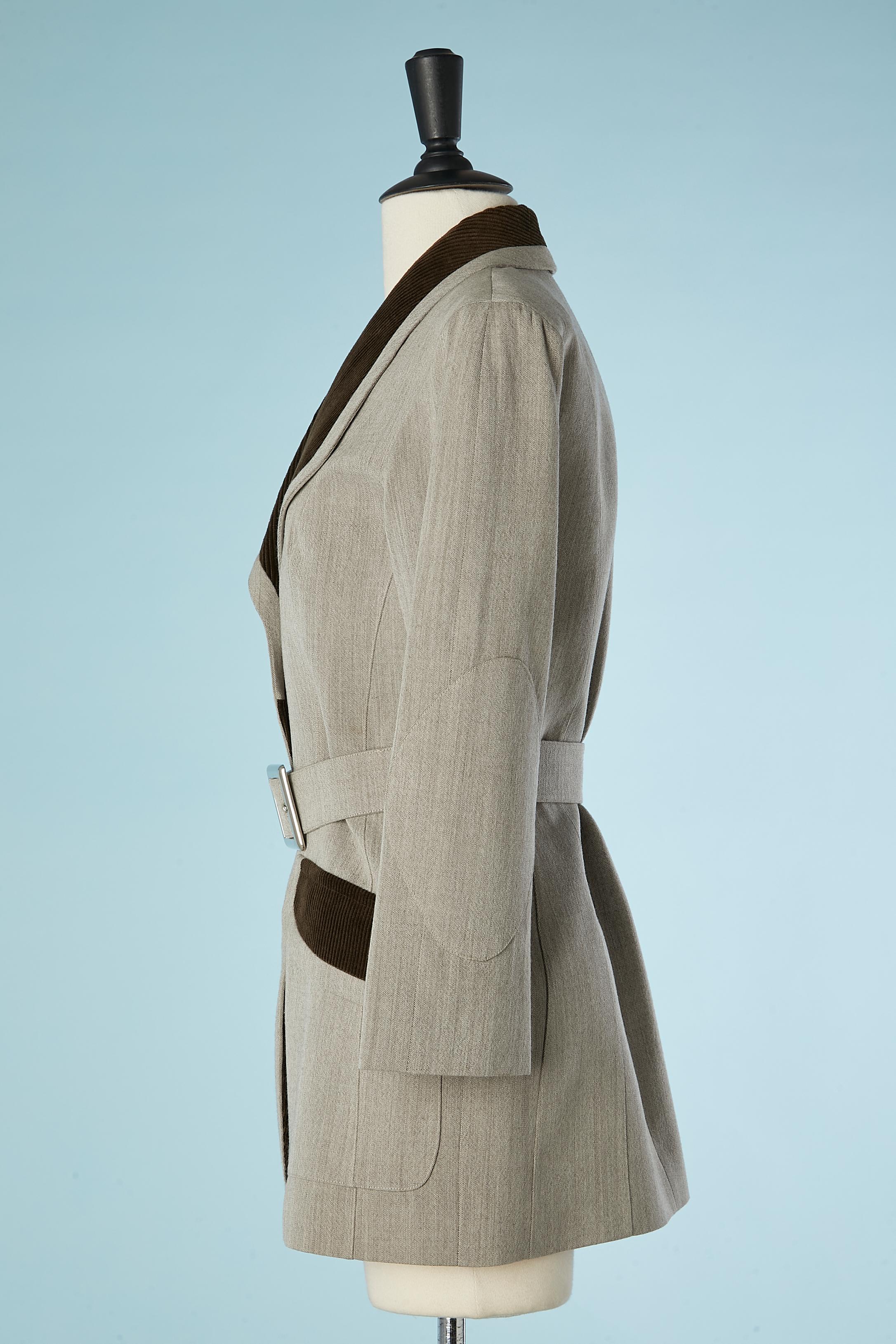Women's Beige chiné wool jacket with brown Corduroy details and belt  Mugler 