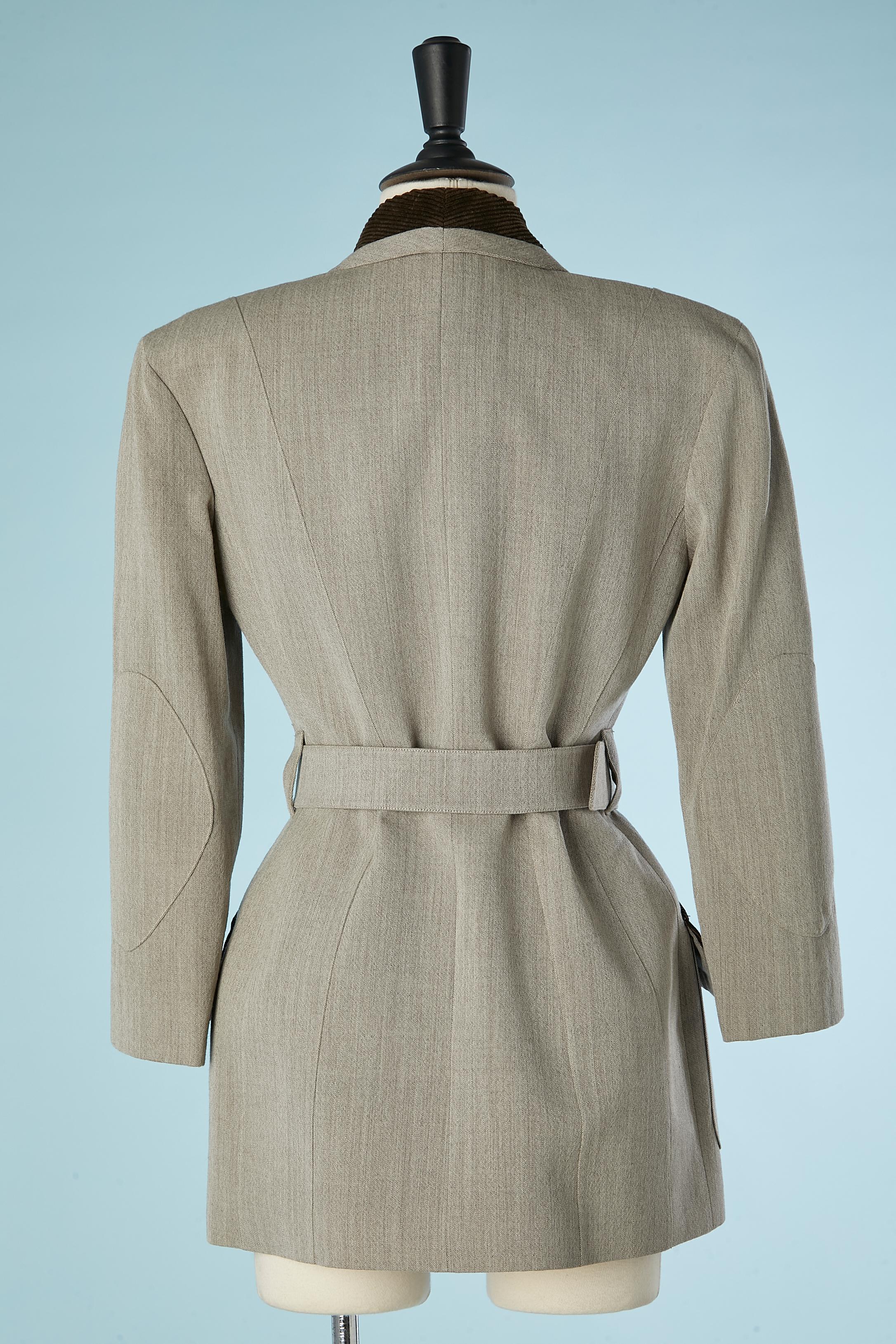 Beige chiné wool jacket with brown Corduroy details and belt  Mugler  1