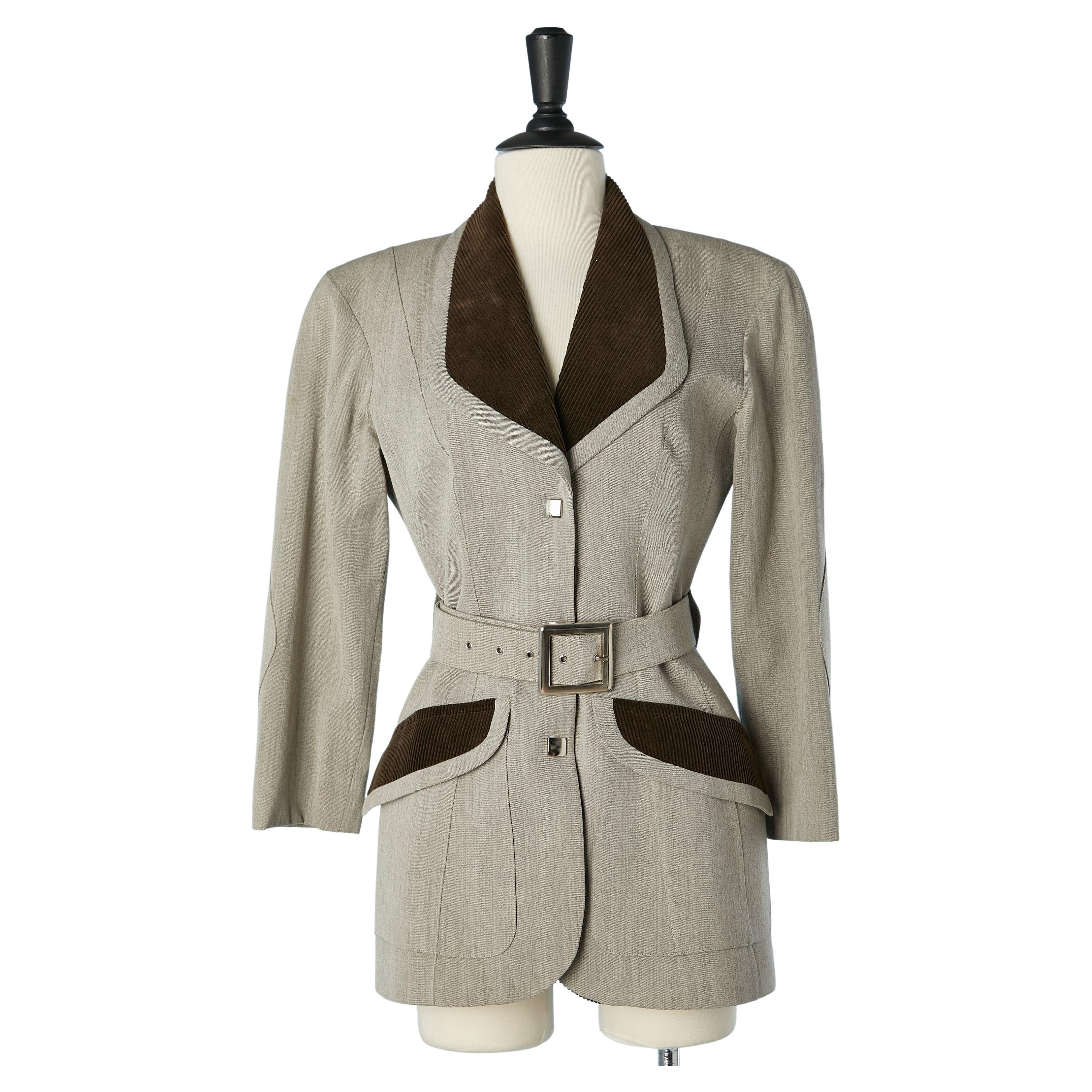 Beige chiné wool jacket with brown Corduroy details and belt  Mugler 