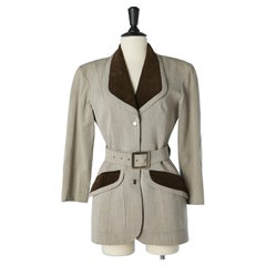 Beige chiné wool jacket with brown Corduroy details and belt  Mugler 