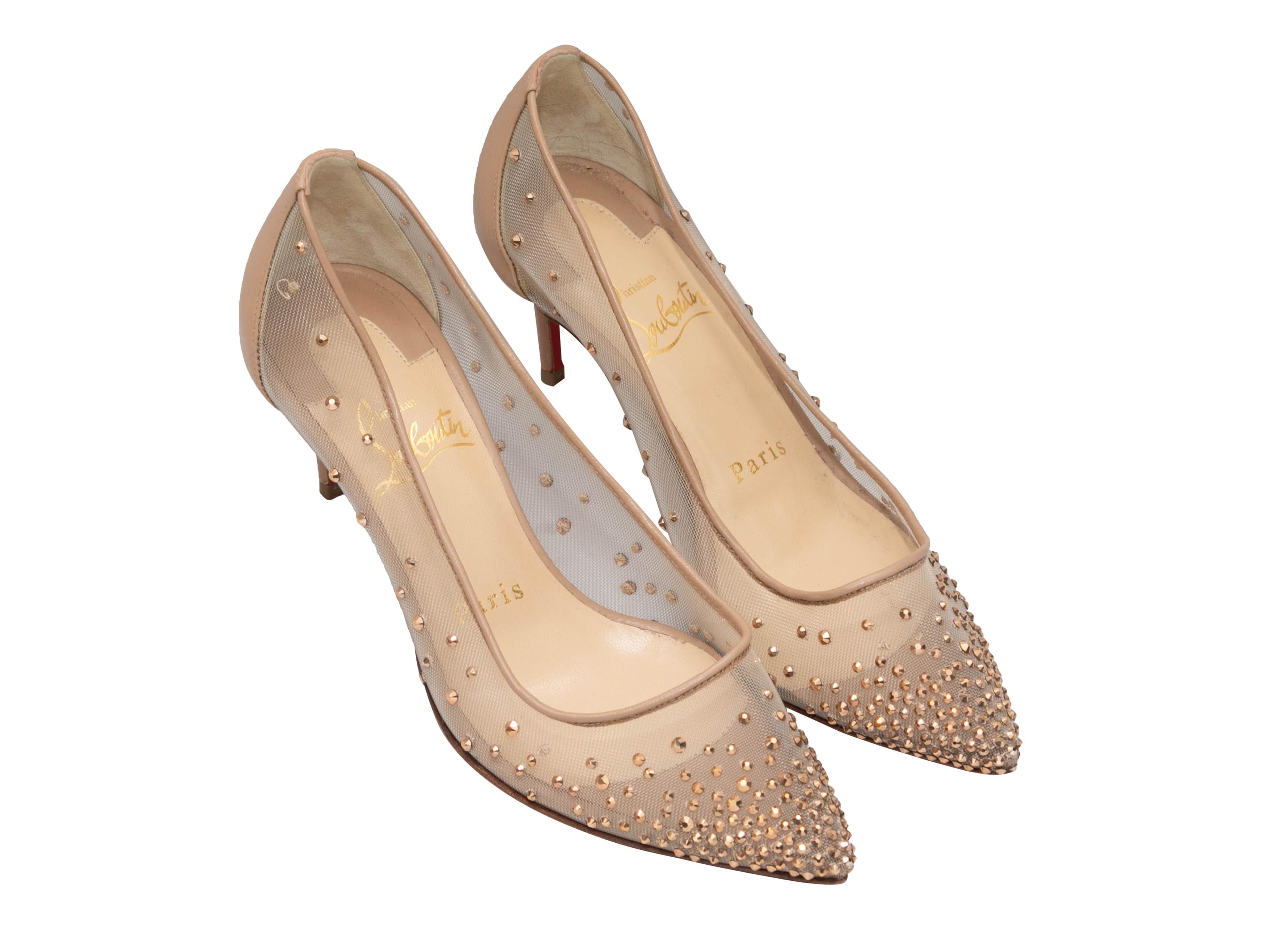 Beige leather and mesh Follies strass crystal-embellished pointed-toe pumps by Christian Louboutin. 2.5