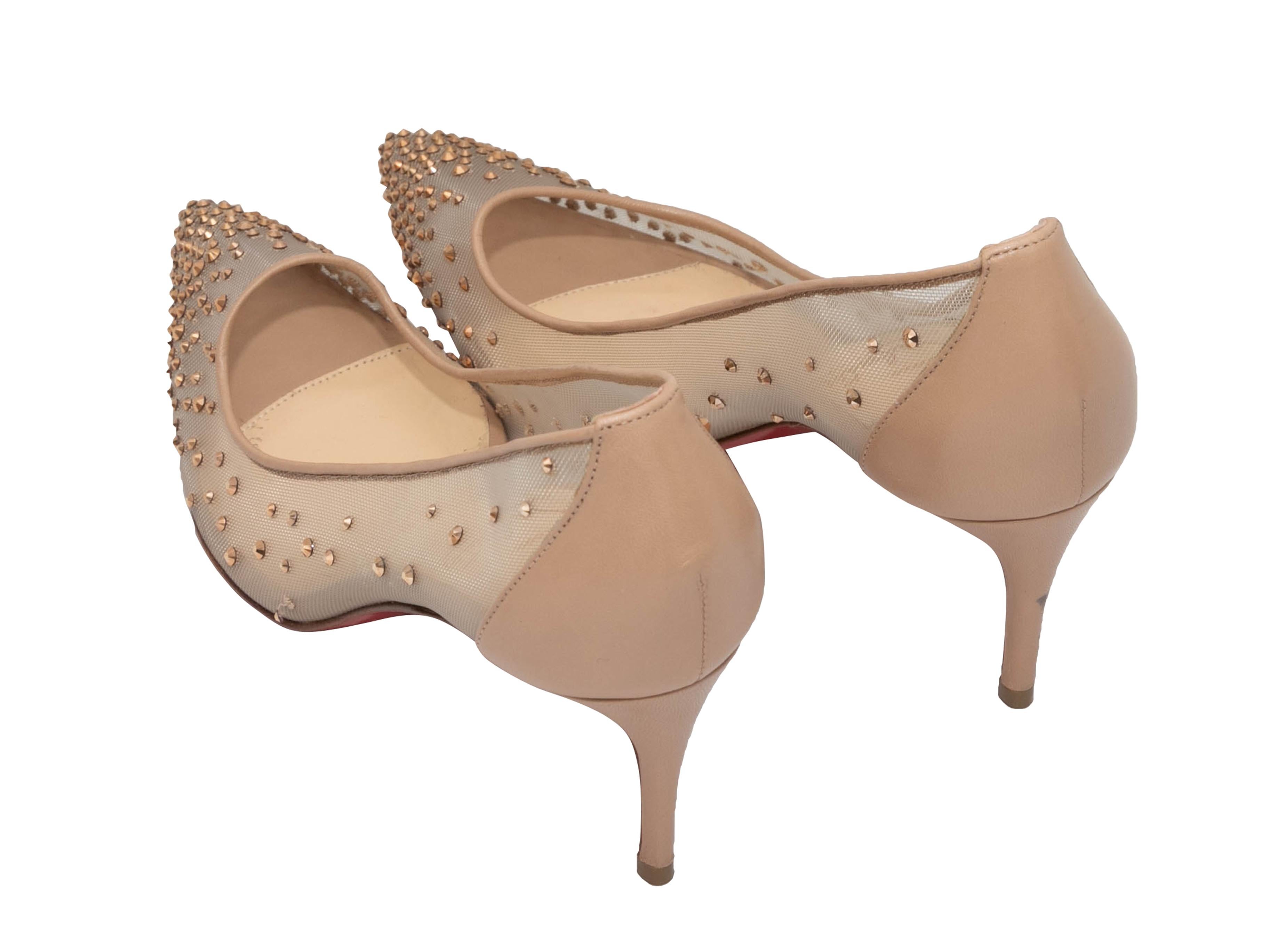 Women's Beige Christian Louboutin Follies Leather & Mesh Strass-Embellished Pumps Size 3 For Sale