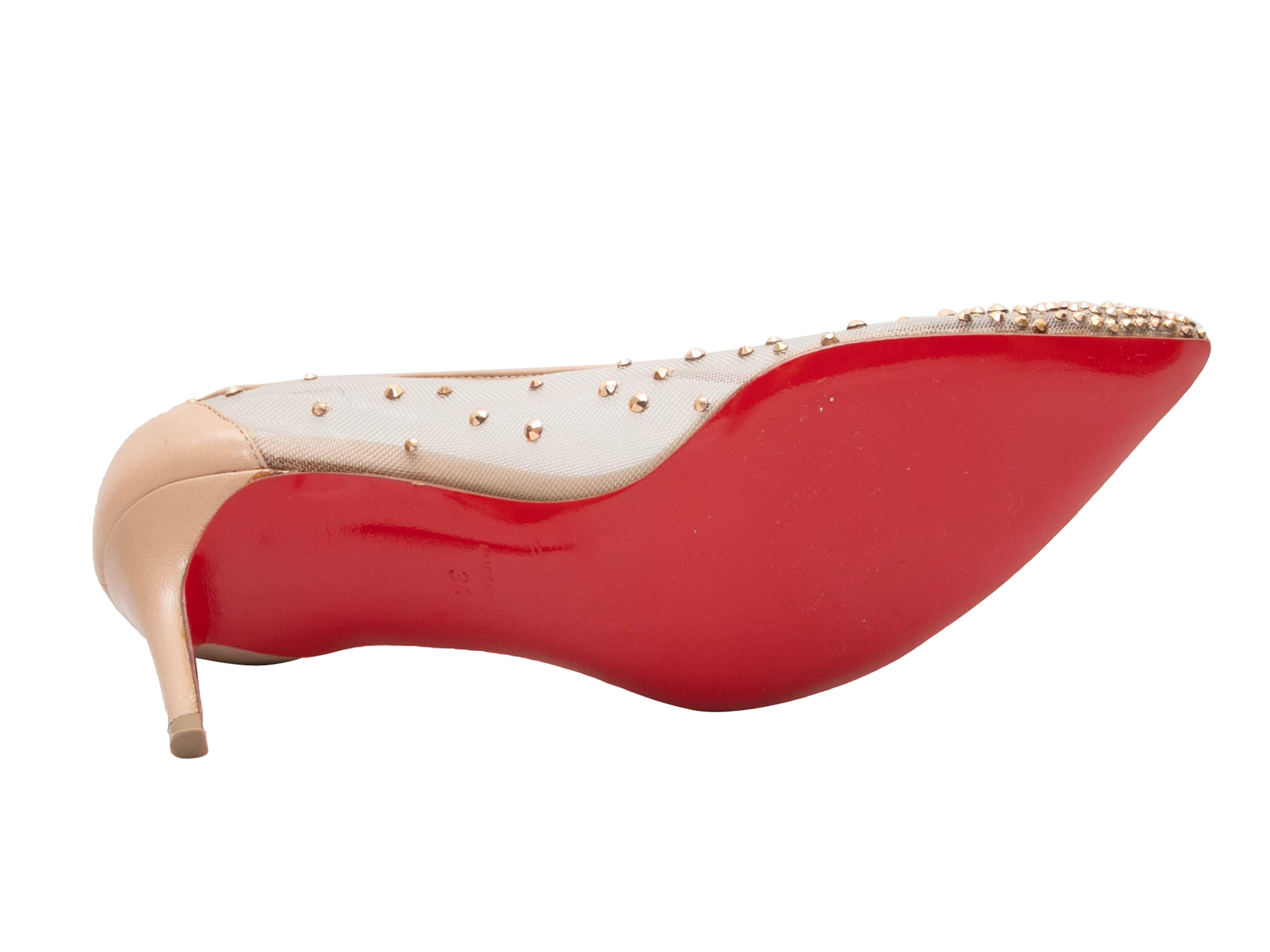 Beige Christian Louboutin Follies Leather & Mesh Strass-Embellished Pumps Size 3 For Sale 1