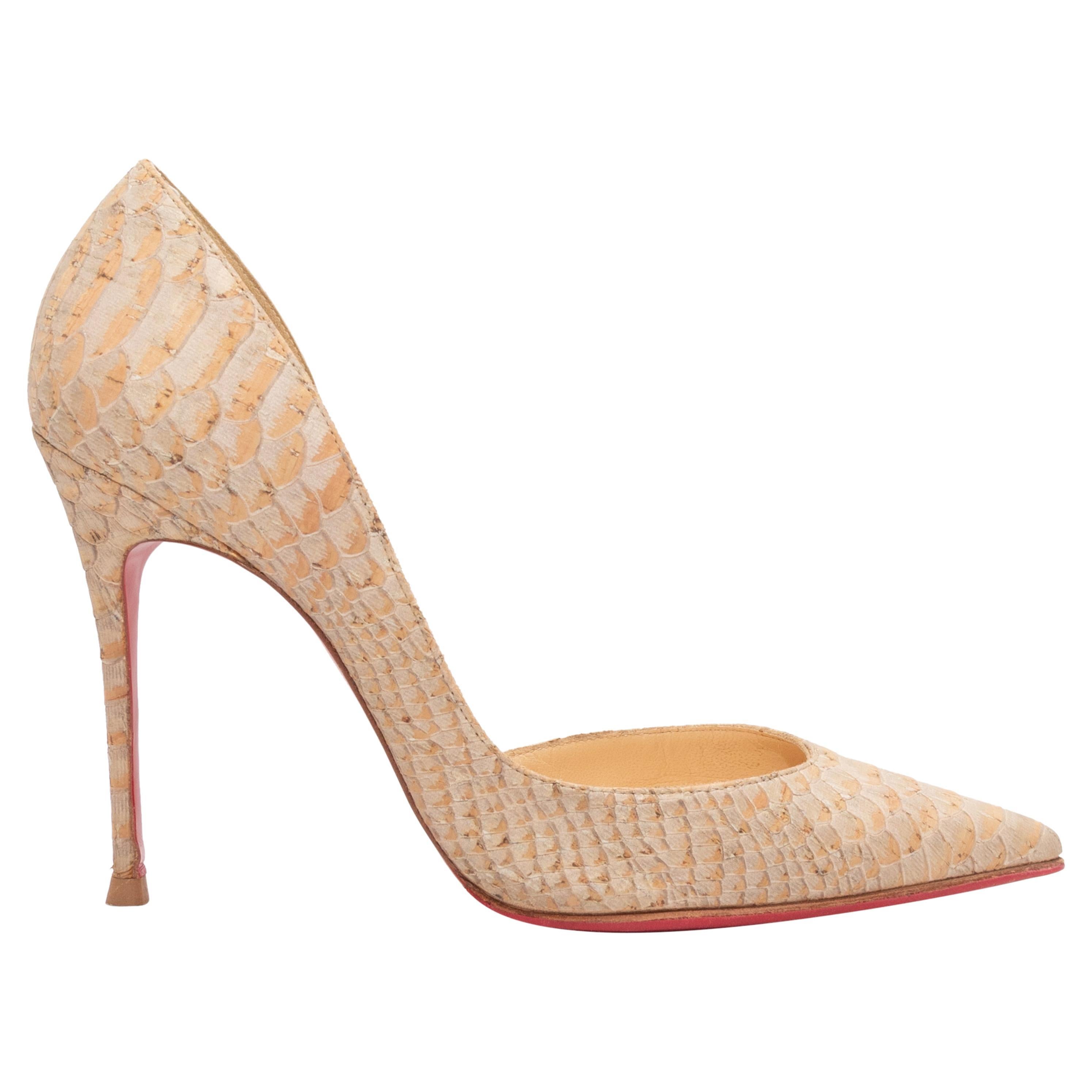 Beige Christian Louboutin Python Pointed-Toe Pumps For Sale