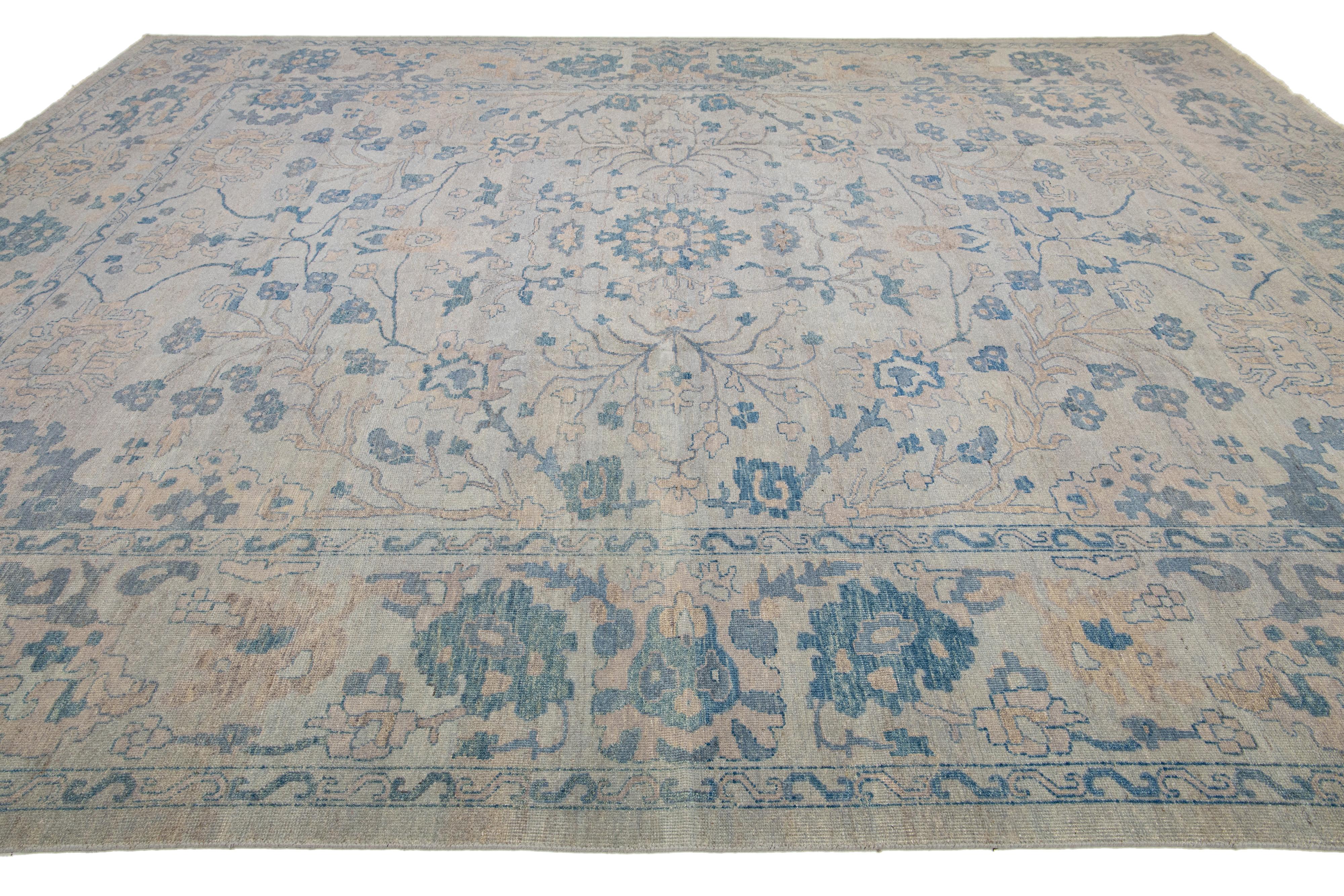 Hand-Knotted Beige Contemporary Floral Oushak style Wool Rug For Sale