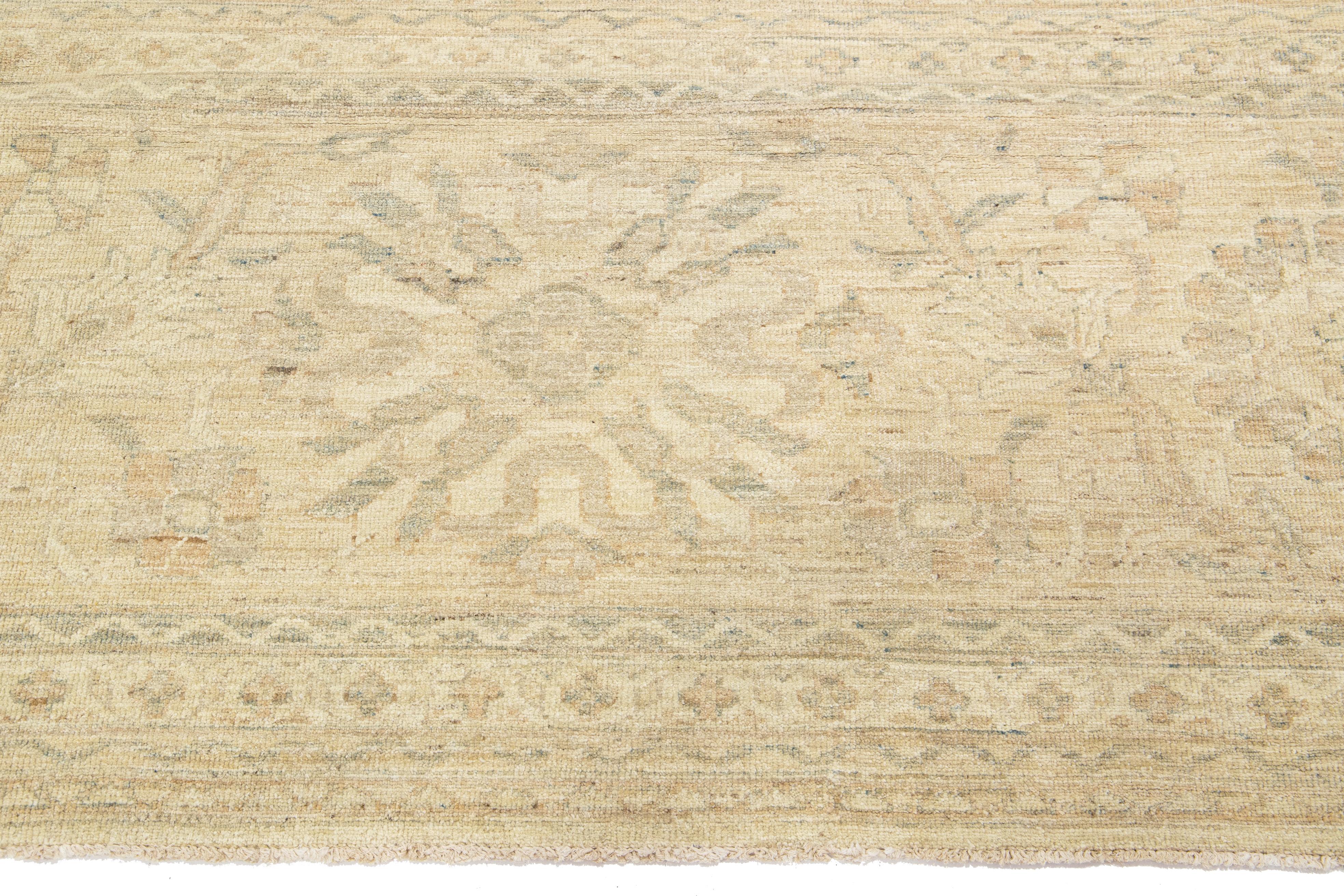 Hand-Knotted Beige Contemporary Oversize Khotan Style Wool Rug with Allover Motif For Sale