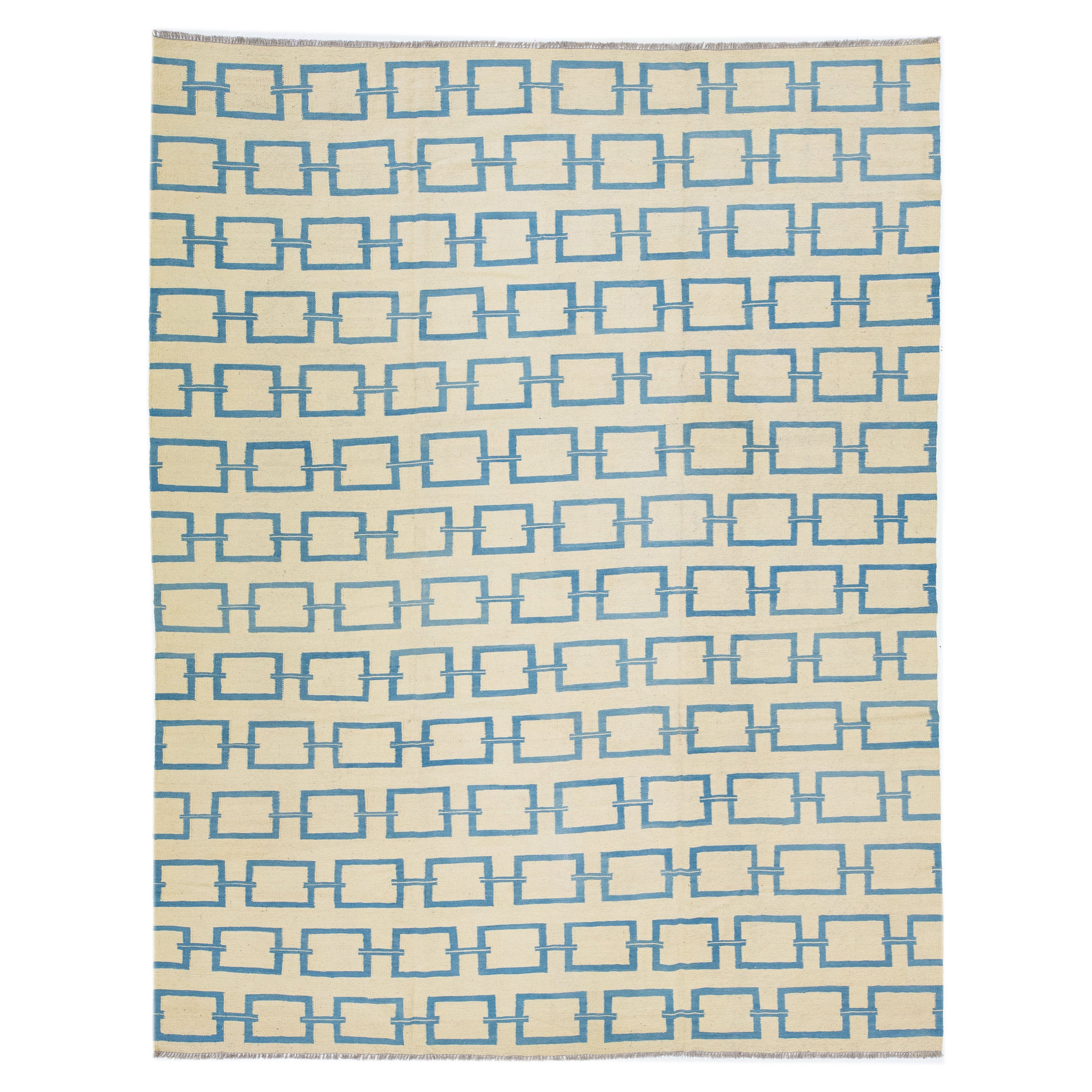 Tappeto contemporaneo in lana turca Rug & Kilim beige con motivo geometrico blu
