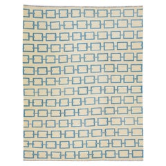 Beige Contemporary Turkish Kilim Wool Rug with Blue Geometric Motif