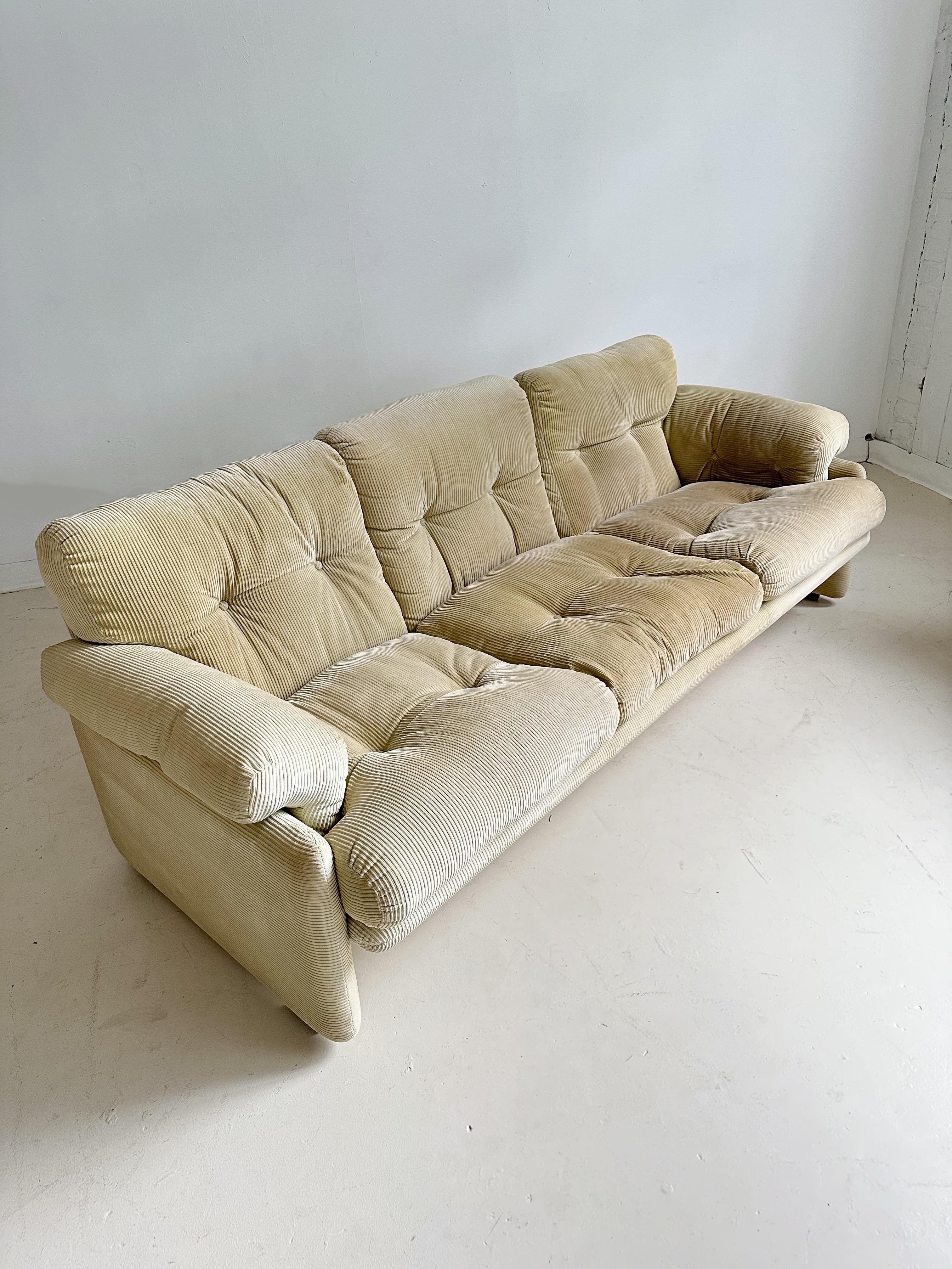 Beige Corduroy 3 Seater Coronado Sofa by Tobia Scarpa for C&B, 70's

//

Dimensions:
81”W x 34”D x 27”H 

65” seat width x 22” seat depth x 18” seat height

//

*OK condition, fading and minor stains on corduroy, a small rip around the button of the
