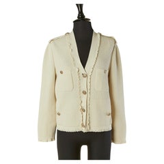 Chaqueta de punto de algodón beige con botón y bolsillo de marca CHANEL