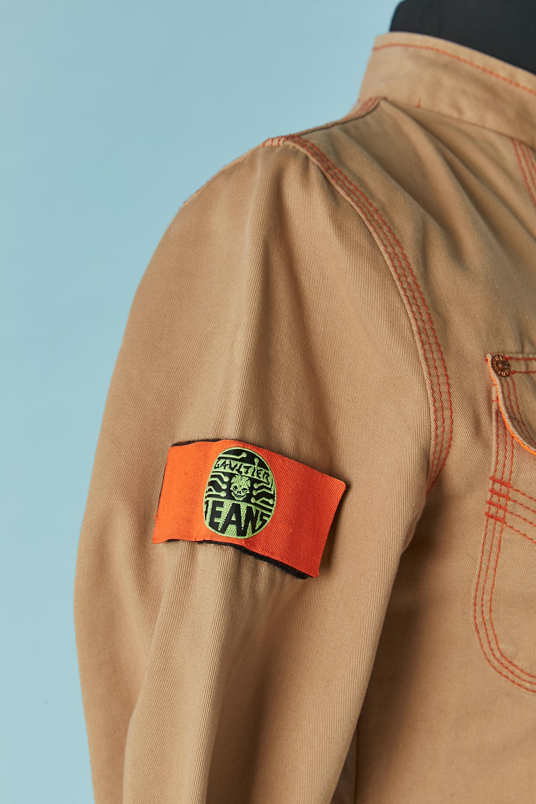 Women's Beige cotton officer jacket with orange topstitching Gaultier Jean's For Sale