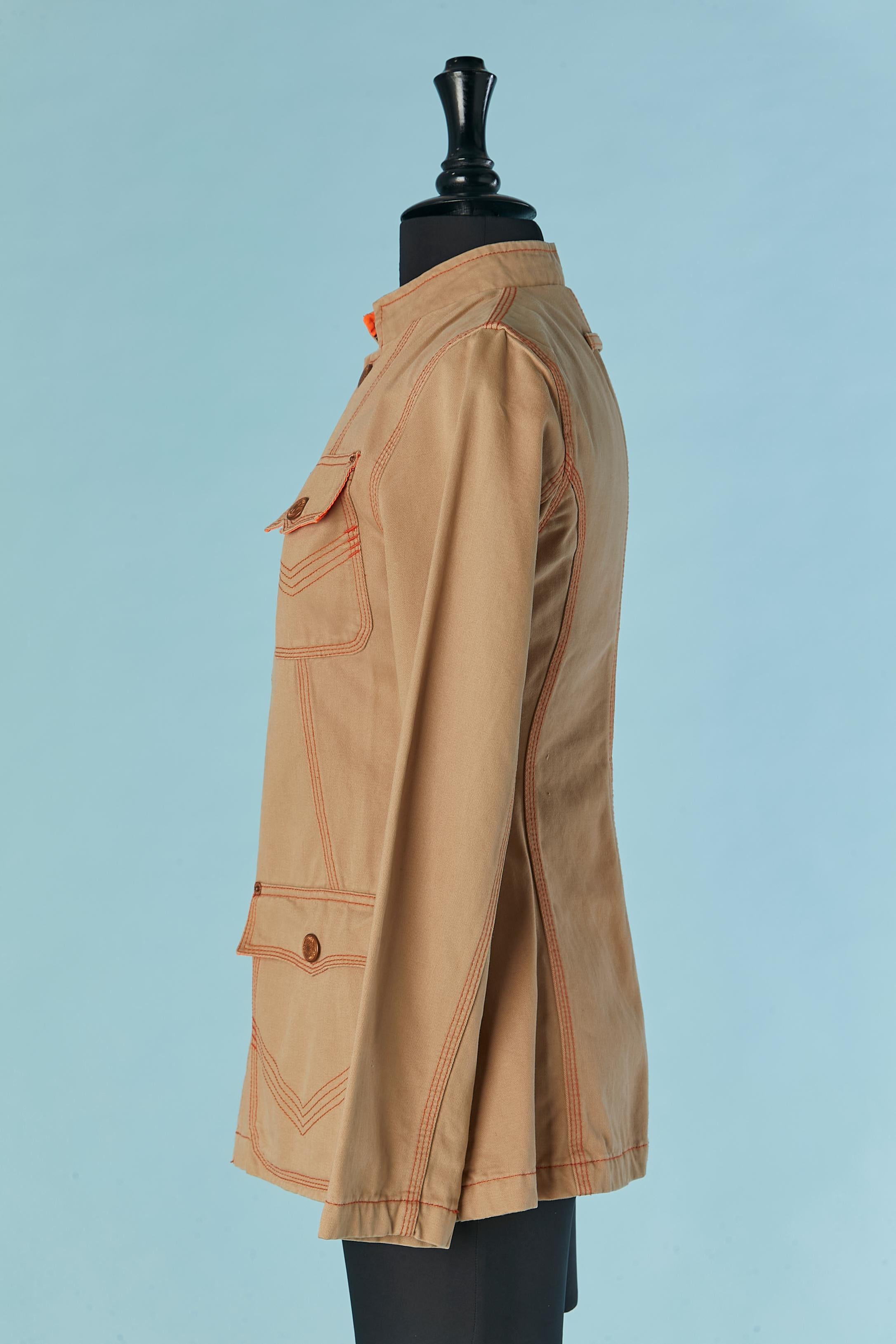 Beige cotton officer jacket with orange topstitching Gaultier Jean's For Sale 1