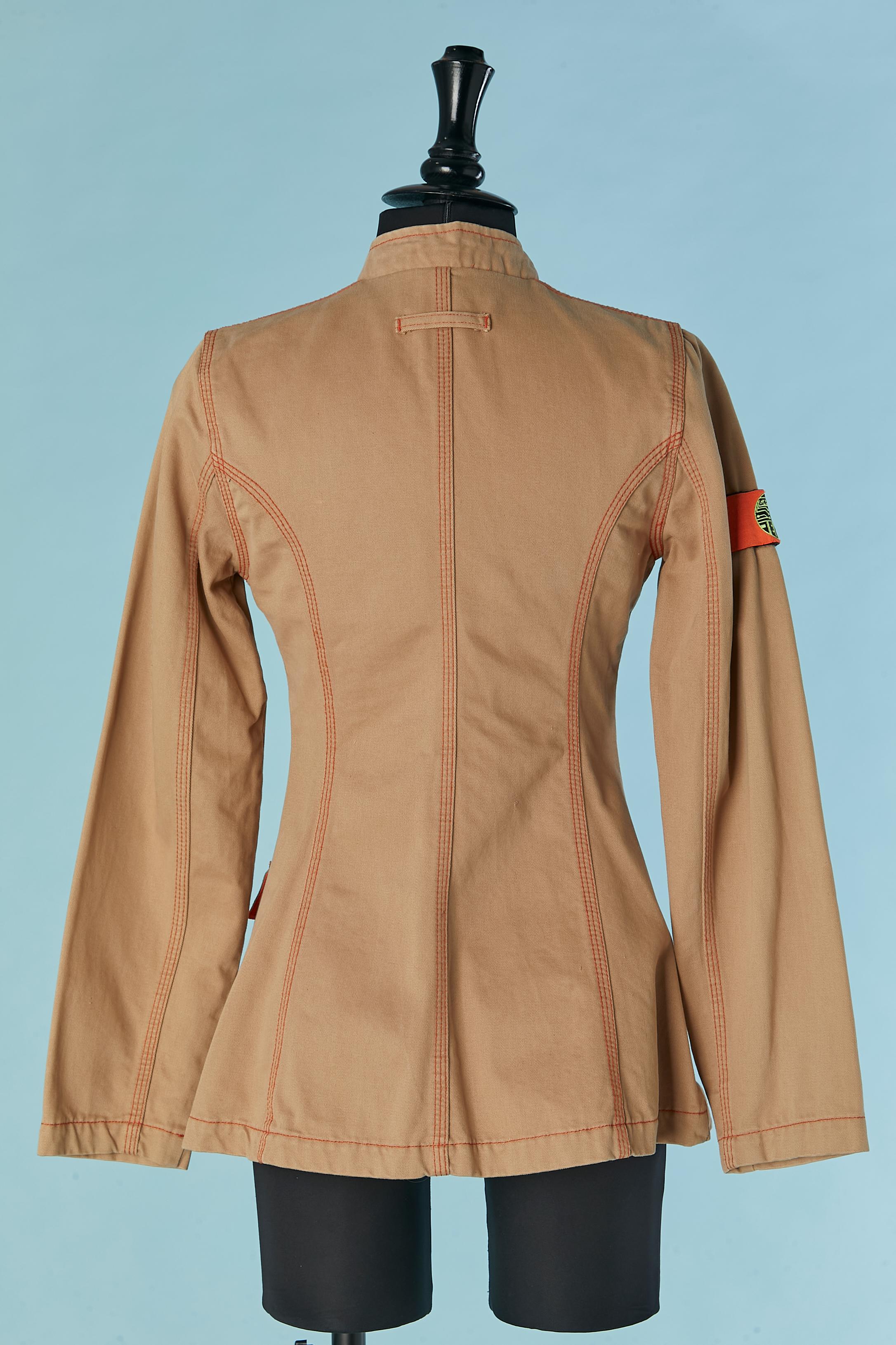 Beige cotton officer jacket with orange topstitching Gaultier Jean's For Sale 2