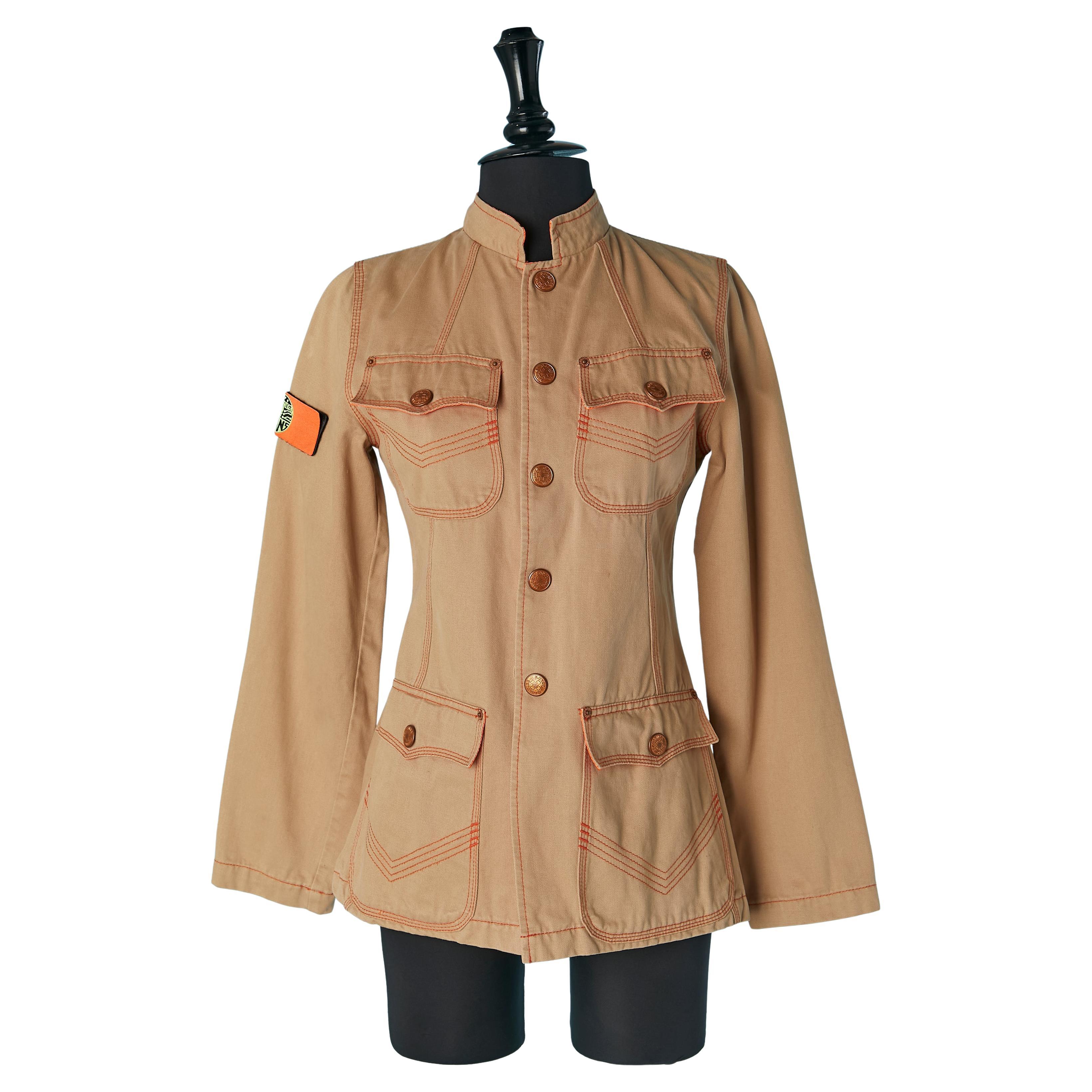 Beige cotton officer jacket with orange topstitching Gaultier Jean's For Sale
