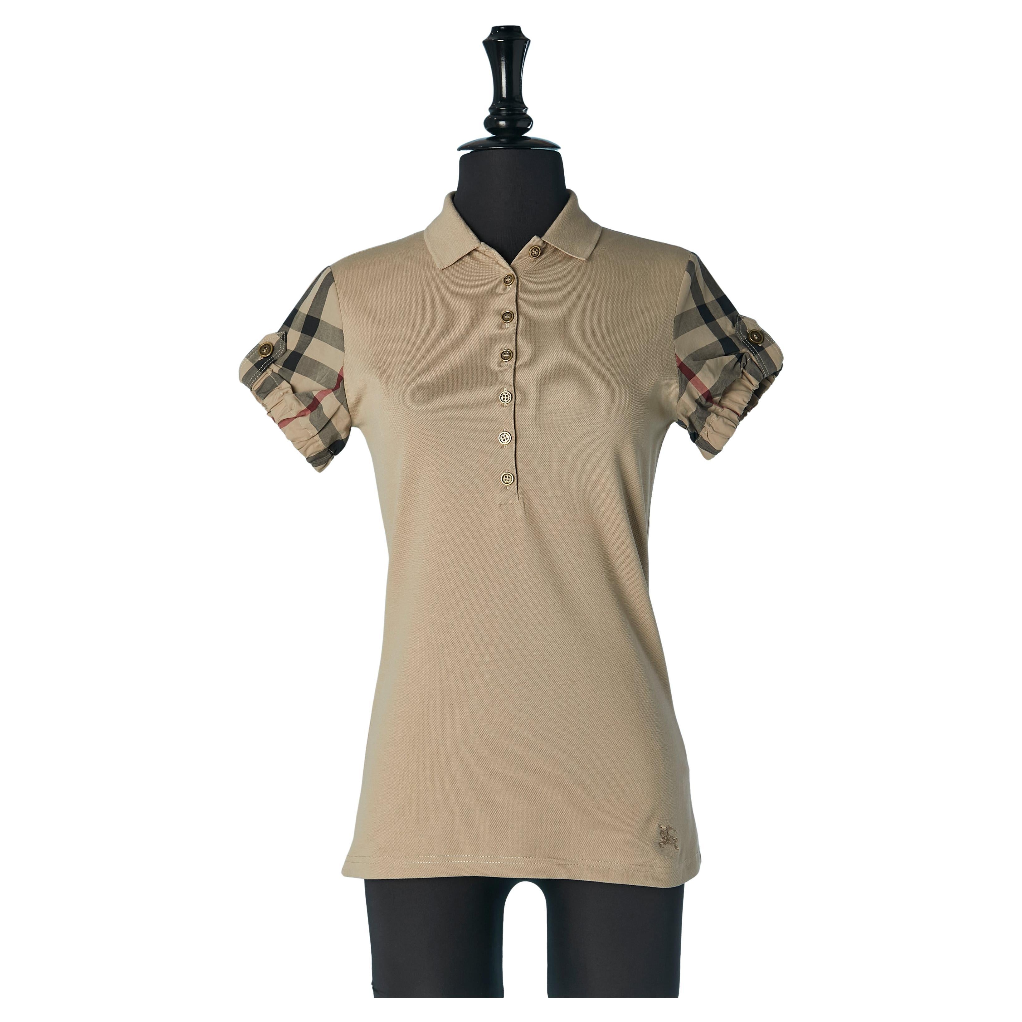 Polo in cotone beige con motivo check e manica ballon Burberry Britew