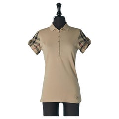 Polo de algodón beige con estampado de cuadros manga balón BURBERRY BRIT Nuevo