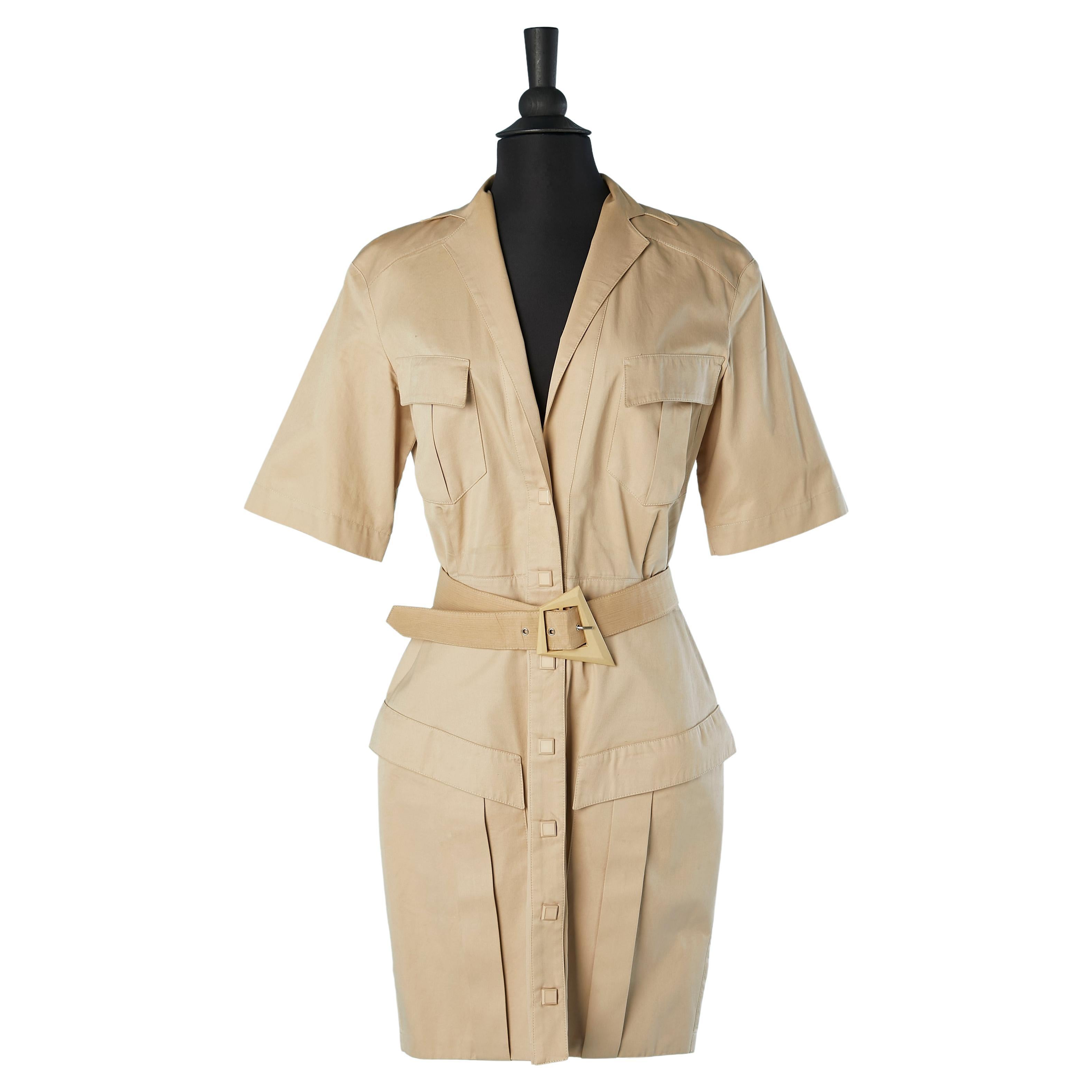 Beige cotton Safari dress with belt Thierry Mugler Activ  For Sale