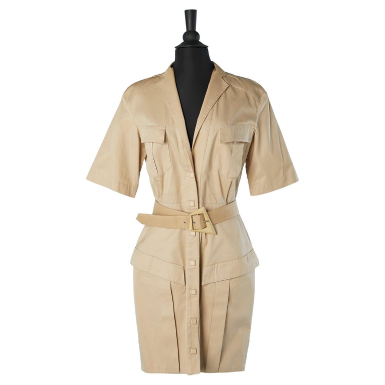 Beige cotton Safari dress with belt Thierry Mugler Activ For Sale at 1stDibs
