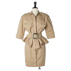 Vintage Beige cotton "Safari" skirt-suit with belt and silver buckle Thierry Mugler 