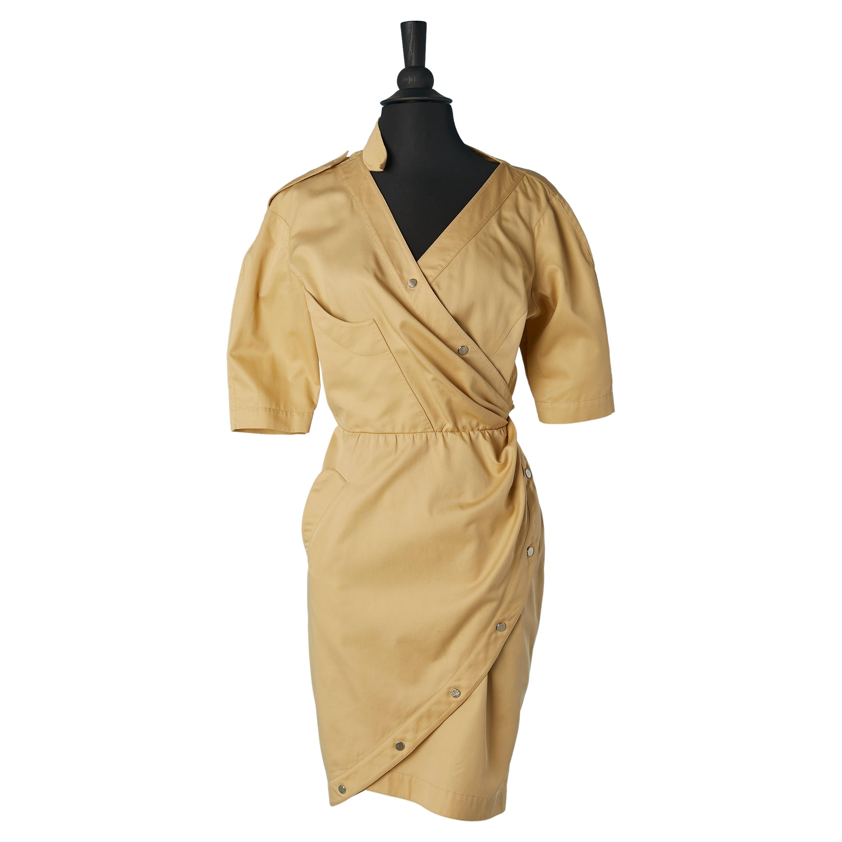 Beige cotton wrap dress with asymmetrical collar Thierry Mugler For Sale