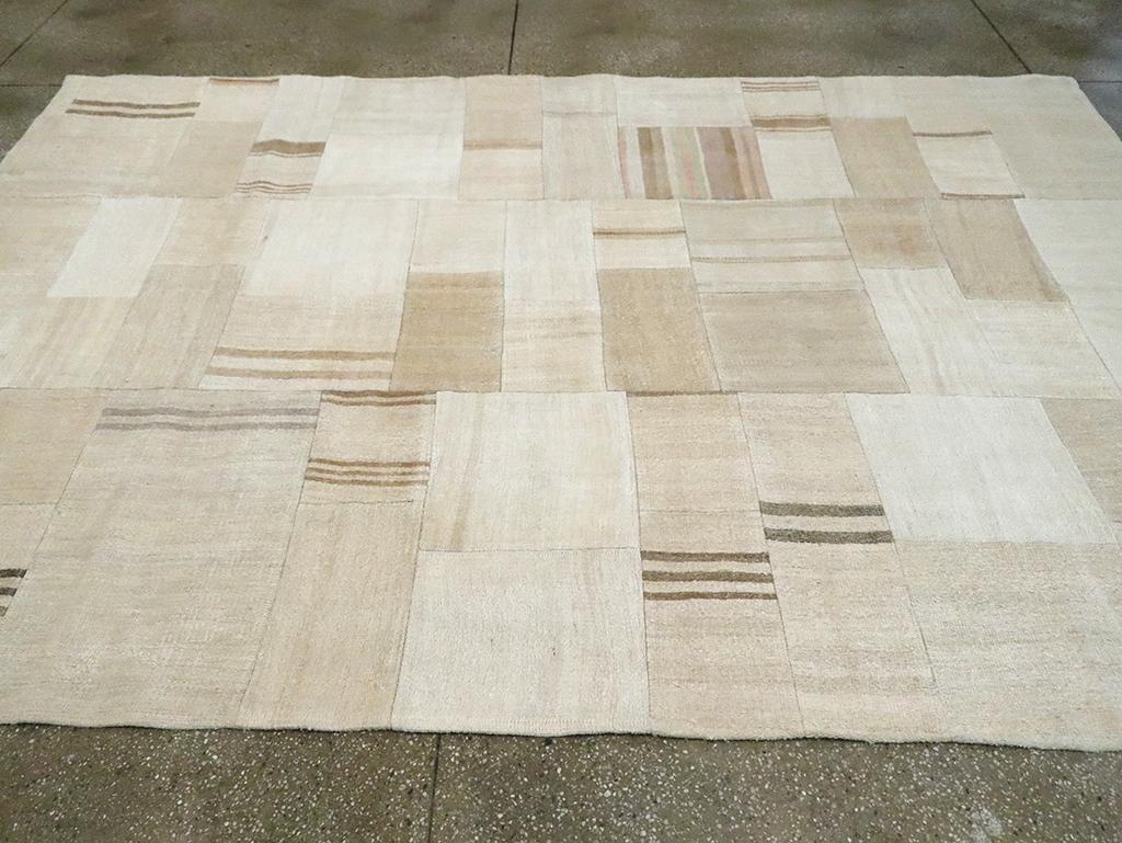 Beige Cream Brown Contemporary Handmade Turkish Flatweave Kilim Accent Carpet For Sale 1