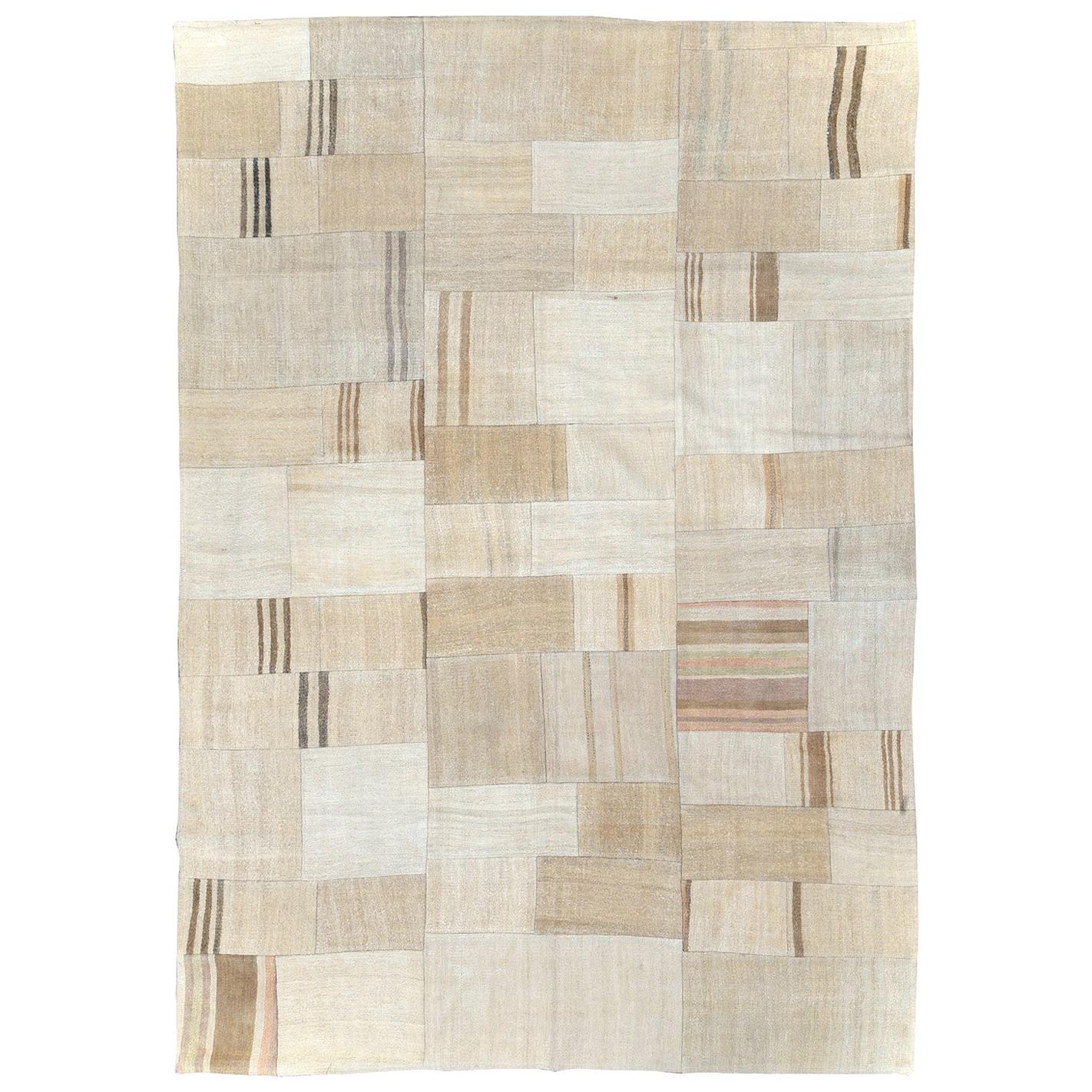 Beige Cream Brown Contemporary Handmade Turkish Flatweave Kilim Accent Carpet For Sale