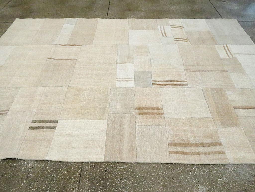 Beige Cream Brown Contemporary Handmade Turkish Flatweave Kilim Room Size Carpet 1