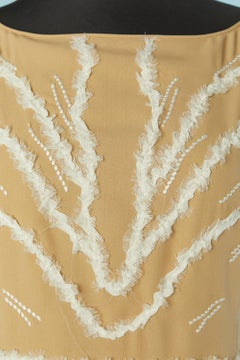 Beige crêpe sleeveless cocktail dress with  embroideries LECOHANET HEMANT