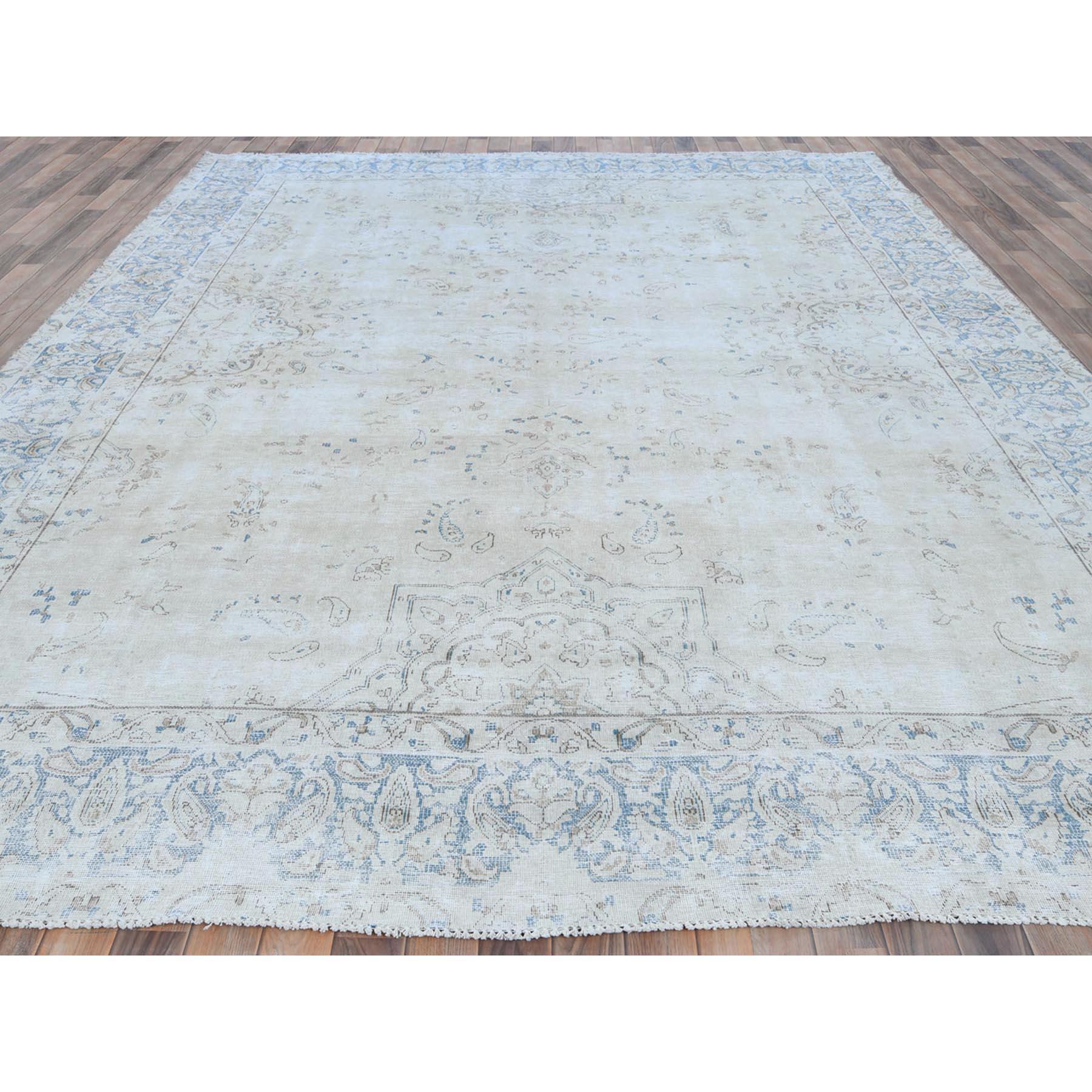 Medieval Beige Distressed Look Hand Knotted Cropped Thin Worn Wool Old Persian Kerman Rug For Sale