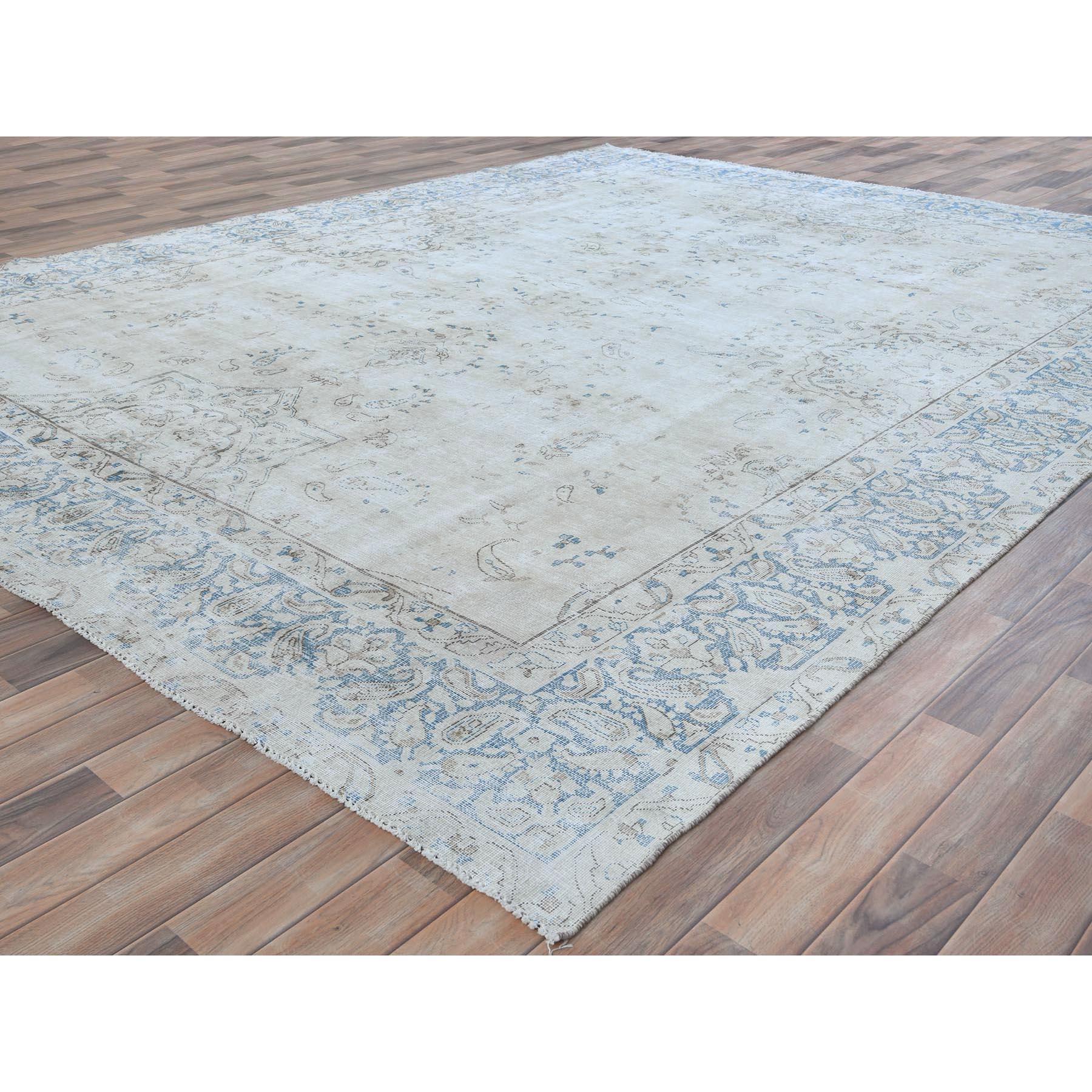 Hand-Knotted Beige Distressed Look Hand Knotted Cropped Thin Worn Wool Old Persian Kerman Rug For Sale
