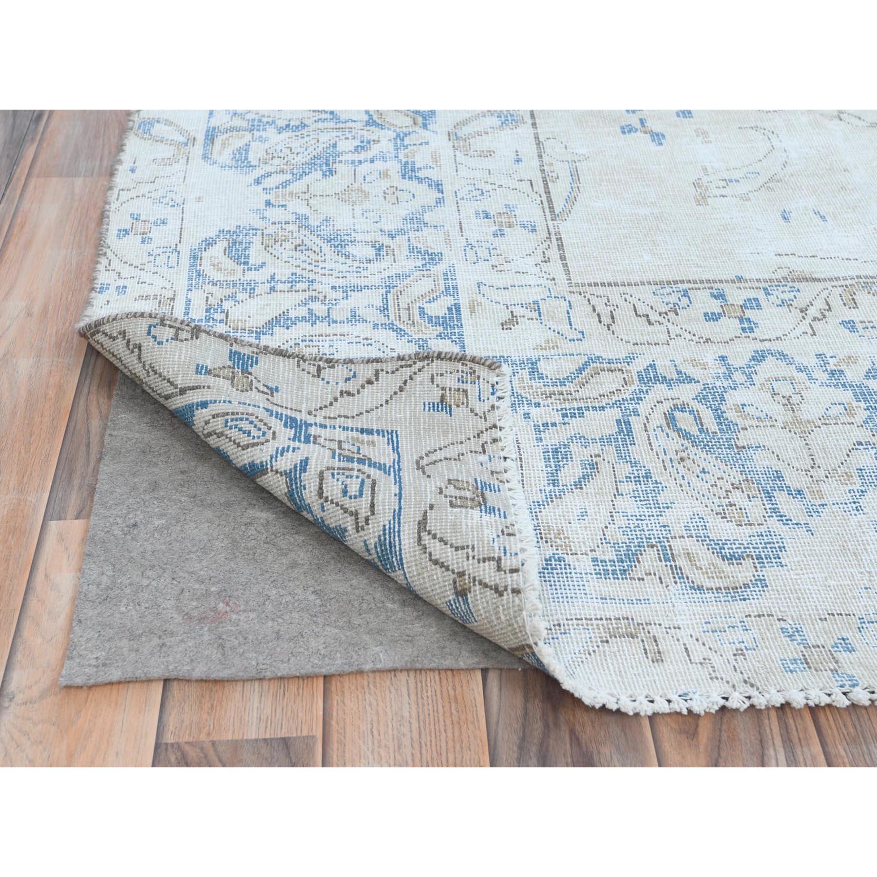 Beige Distressed Look Hand Knotted Cropped Thin Worn Wool Old Persian Kerman Rug In Good Condition For Sale In Carlstadt, NJ