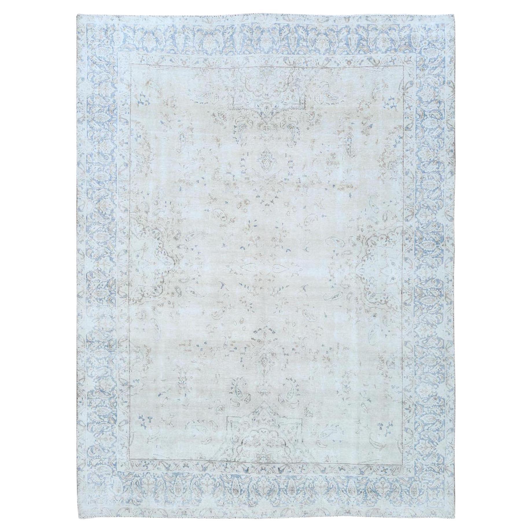 Beige Distressed Look Hand Knotted Cropped Thin Worn Wool Old Persian Kerman Rug For Sale