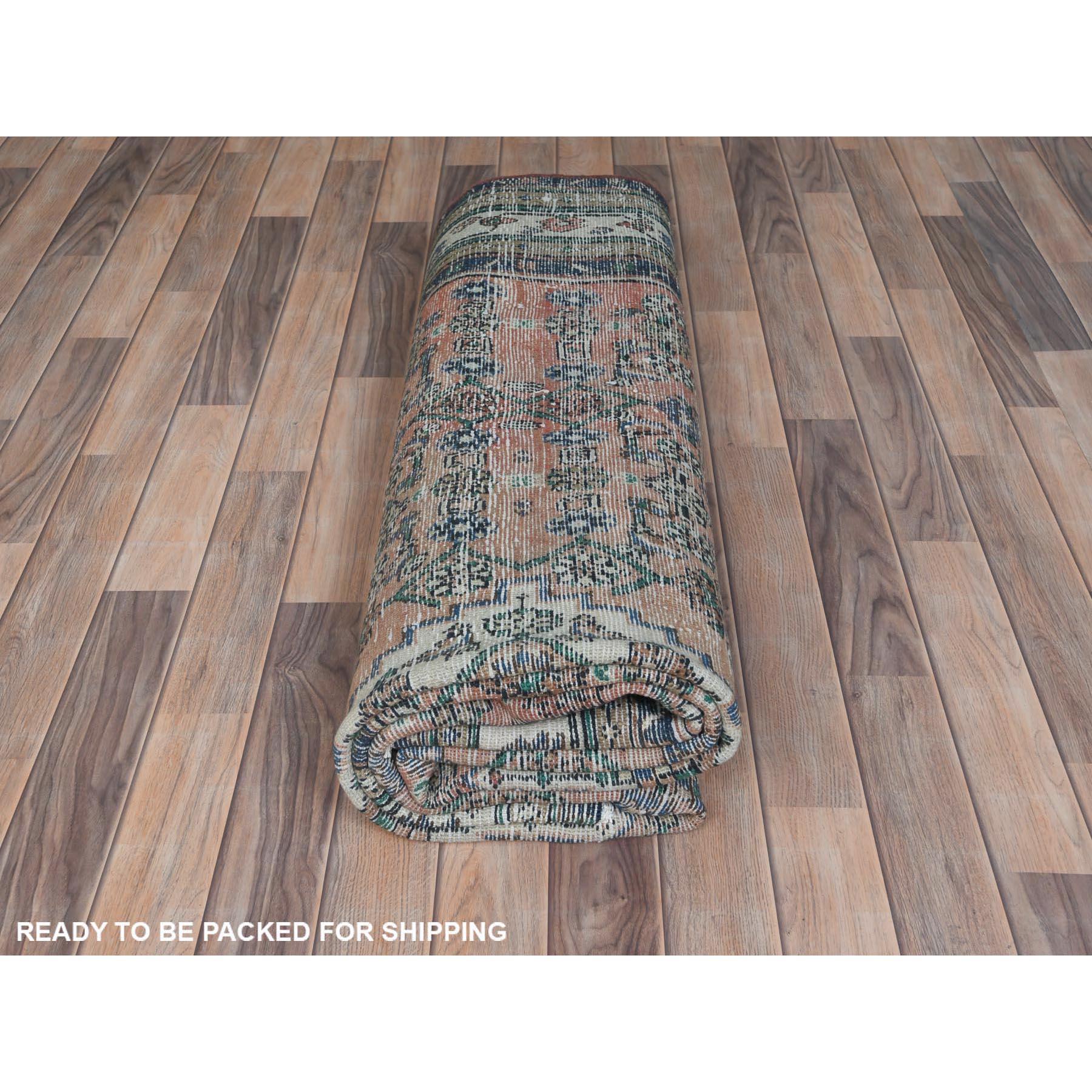 Beige, Distressed Look Worn Wool Hand Knotted, Vintage Persian Bibikabad Rug For Sale 4