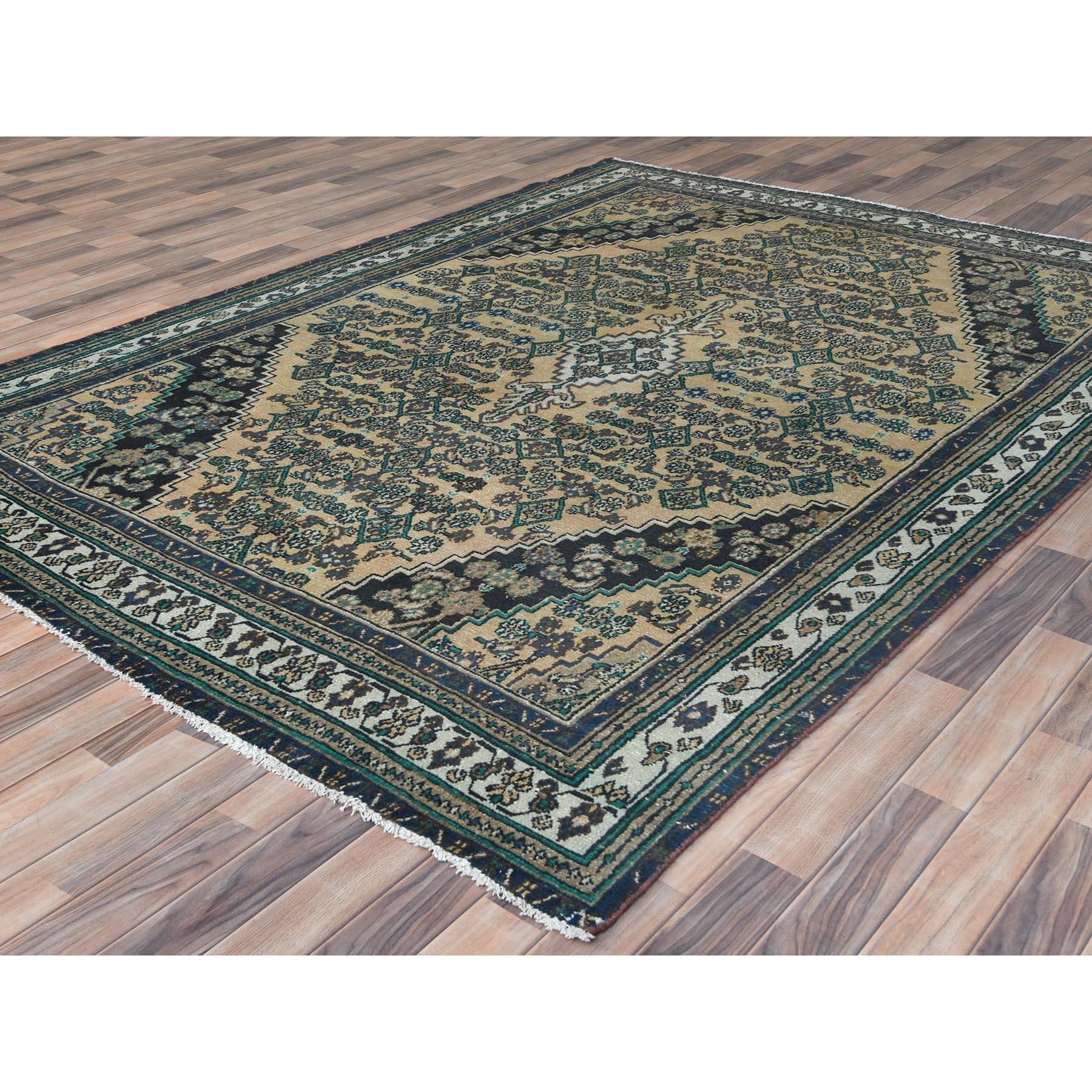 Hand-Knotted Beige, Distressed Look Worn Wool Hand Knotted, Vintage Persian Bibikabad Rug For Sale