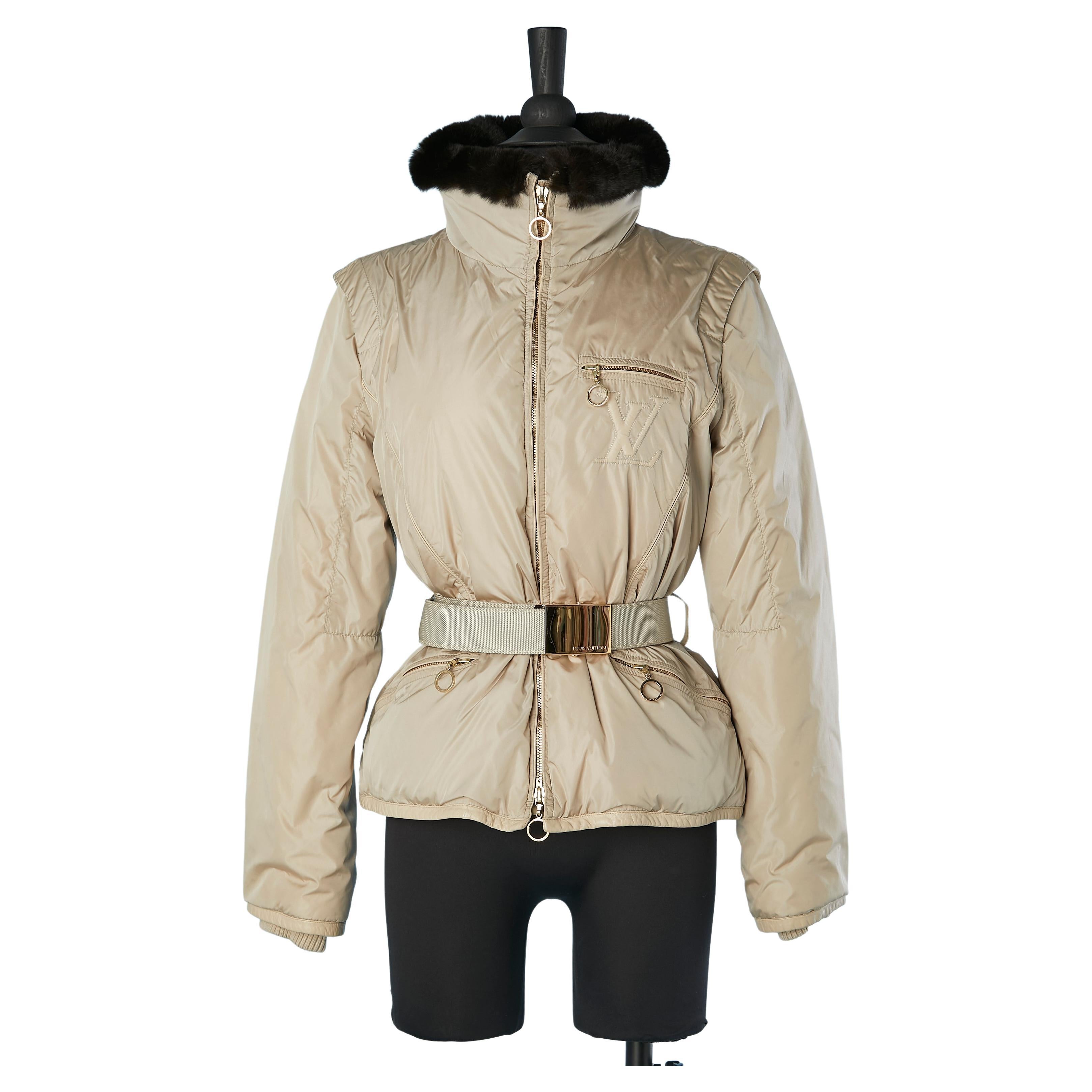 Beige down jacket with brown furs collar and branded belt Louis Vuitton  For Sale