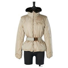 Beige down jacket with brown furs collar and branded belt Louis Vuitton 