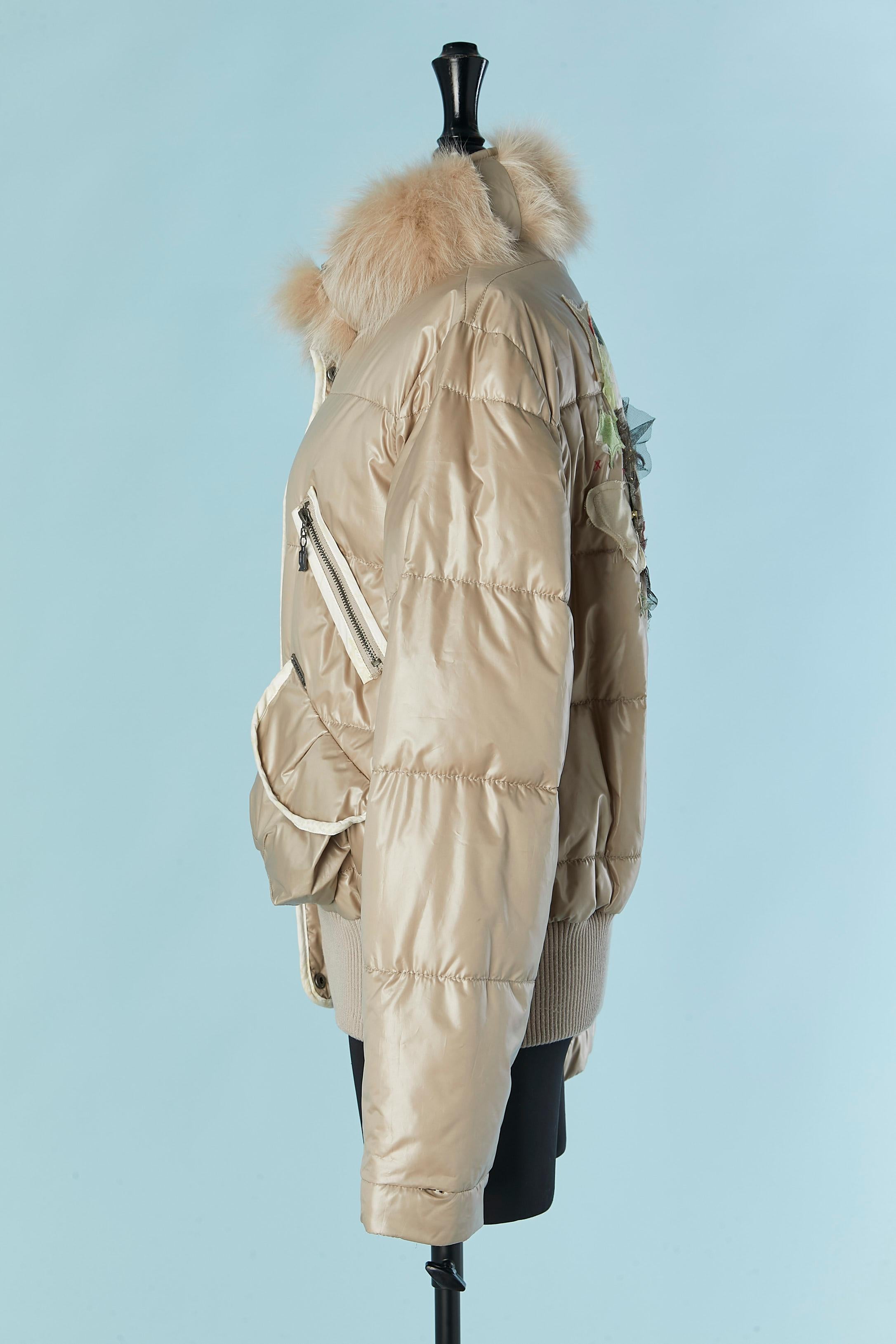 Beige down jacket with fur collar and 