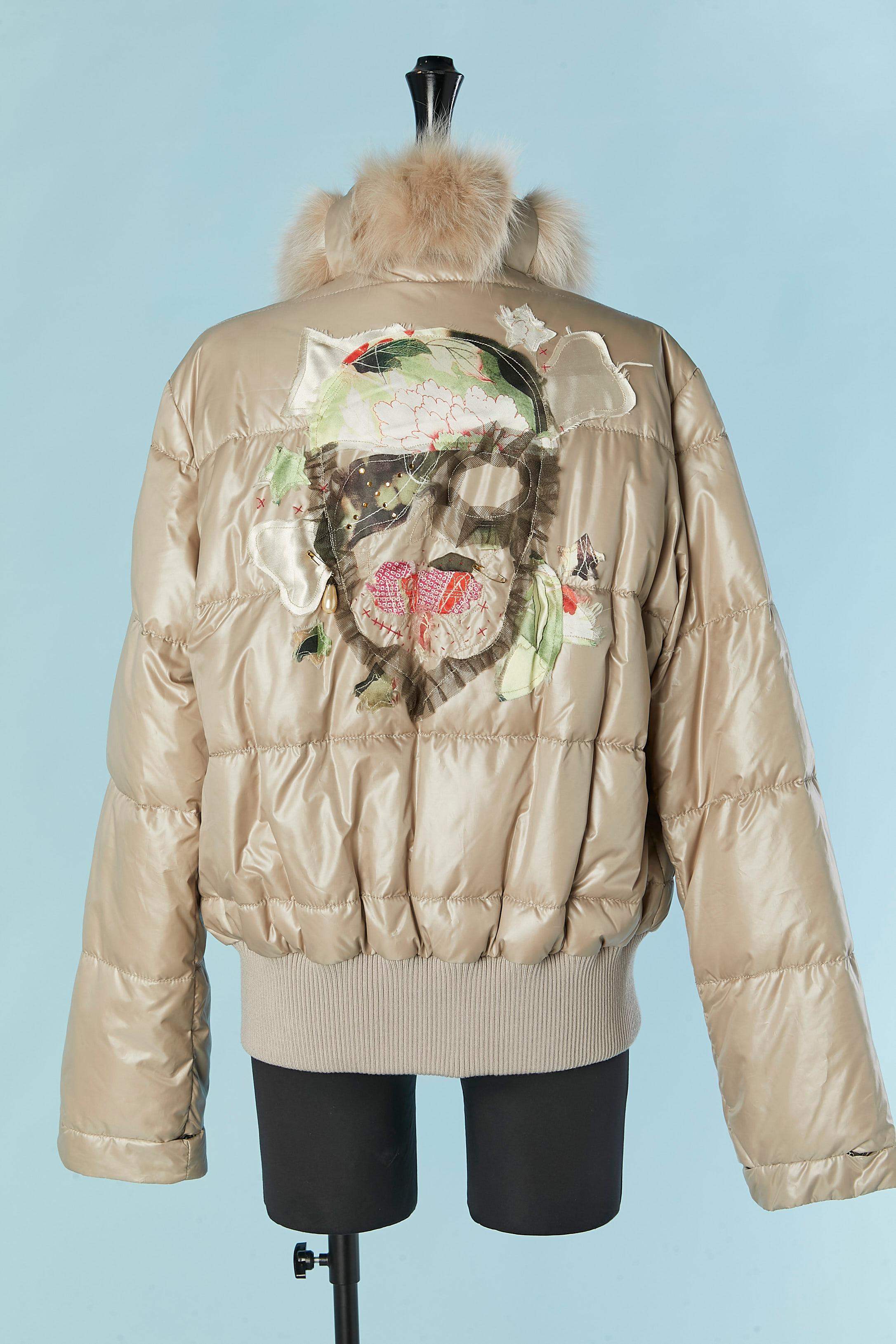 Beige down jacket with fur collar and 