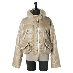 Beige down jacket with fur collar and "pirate face" on the back GALLIANO