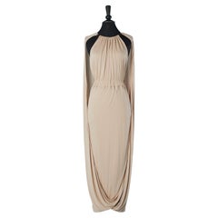 Beige drape jersey Delphos gown with leather collar Alberta Ferretti NEW