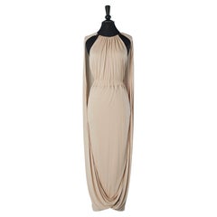 Robe en jersey drapé beige Delphos avec col en cuir Alberta Ferretti NEUVE 