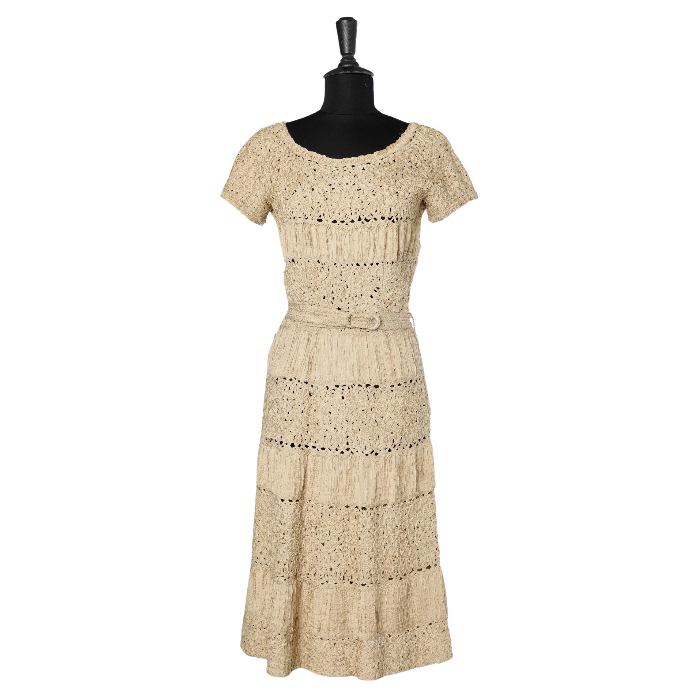 Beige dress knitted with ribbons LANA Circa 1940/50 For Sale