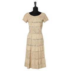 Vintage Beige dress knitted with ribbons LANA Circa 1940/50