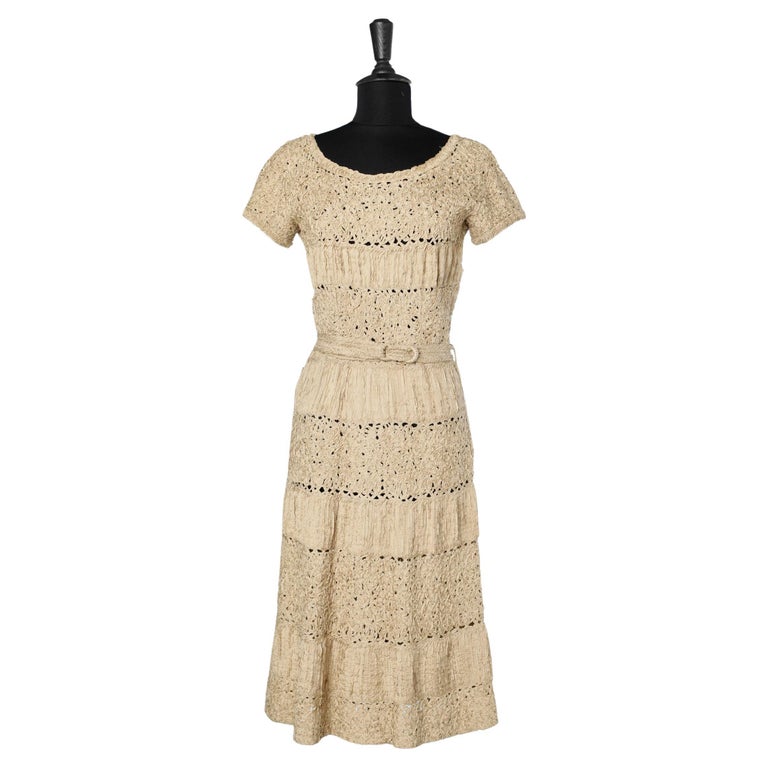 Beige dress knitted with ribbons LANA Circa 1940/50 For Sale at 1stDibs
