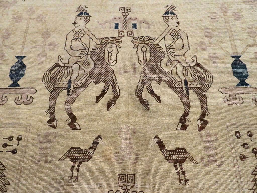 Beige Early 20th Century Handmade East Turkestan Khotan Pictorial Room Size Rug In Excellent Condition In New York, NY